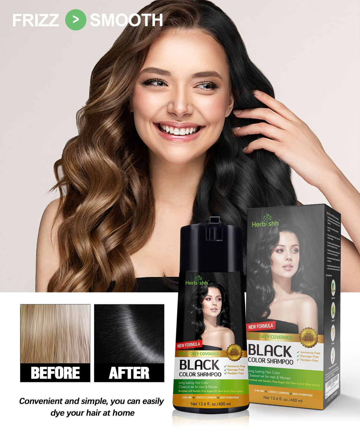 Champú de Color Herbishh Negro Larga Duración Cobertura Completa de Canas