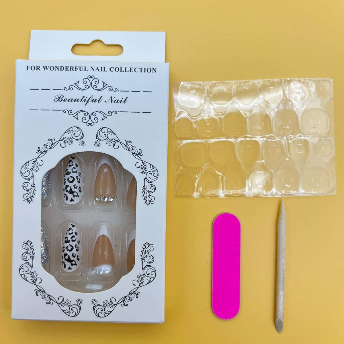 CLYHLTMZ Uñas francesas con estampado de leopardo, almendra, color blanco, con taladro, uñas postizas de longitud media, color piel, con diseños, cobertura completa, con purpurina, uñas acrílicas adhe