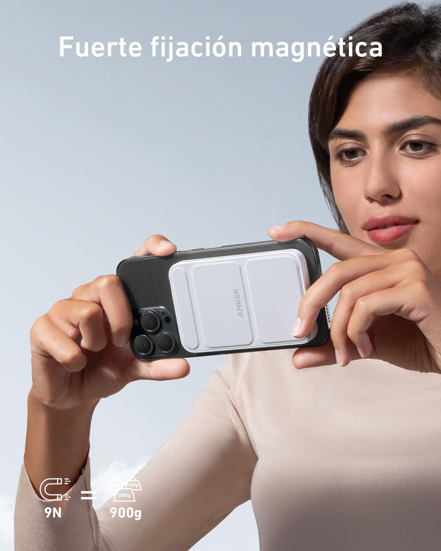 Batería Magnética Anker Blanca con Soporte y Cargador Inalámbrico para iPhone 15/14/13