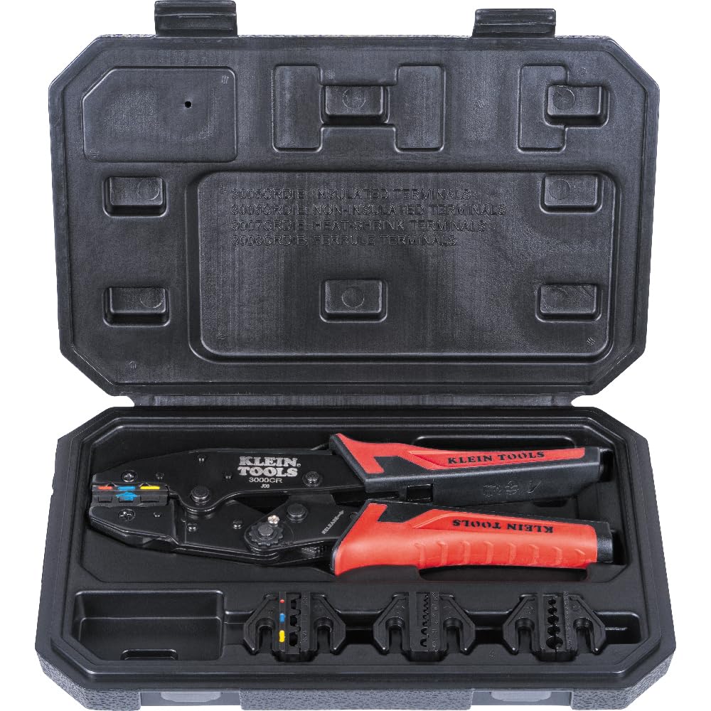 Klein Tools 3000CRKIT Juego de herramientas para crimpado de carraca, (4) troqueles intercambiables para conectores de terminales termorretráctiles, no aislados, aislados y virola
