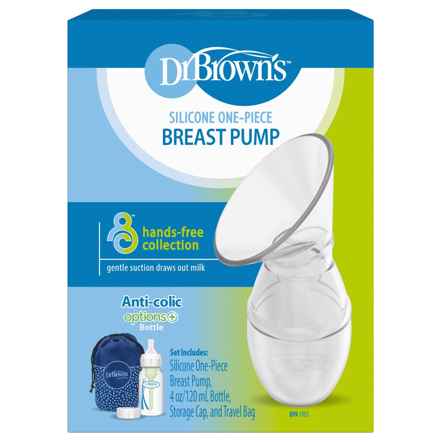 Dr. Brown's - Extractor de leche materna 100% silicona de una pieza, colector manos libres de leche materna con opciones anticólicos + biberón (4 onzas/120 ml), pezón nivel 1, tapa de viaje y bolsa de