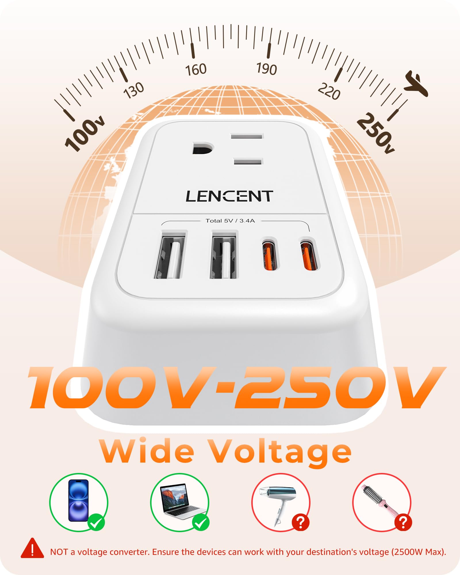 LENCENT Adaptador de Viaje Enchufe UK, Cargador con 4 Salidas CA y 4 Puertos USB (2 USB-C), Convertidor de Enchufe Americano a Inglés Tipo G con Toma de Tierra, para Reino Unido, Irlanda, Hong Kong