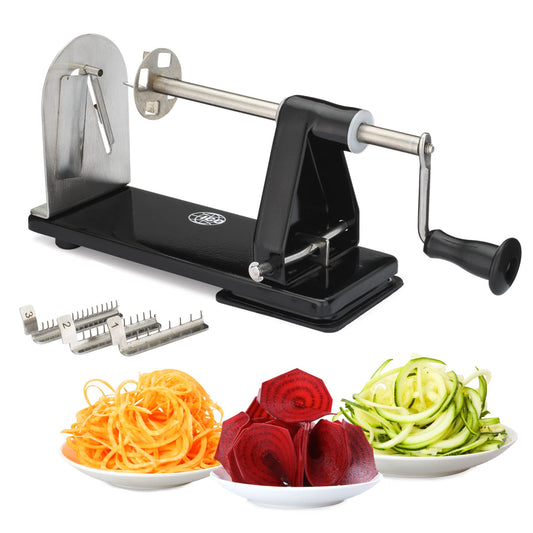 ICO 4-hoja Spiralizer cortador de verduras, más fuerte que todos los cortadores de plástico con 3 cuchillas intercambiables y 1 integrado, negro