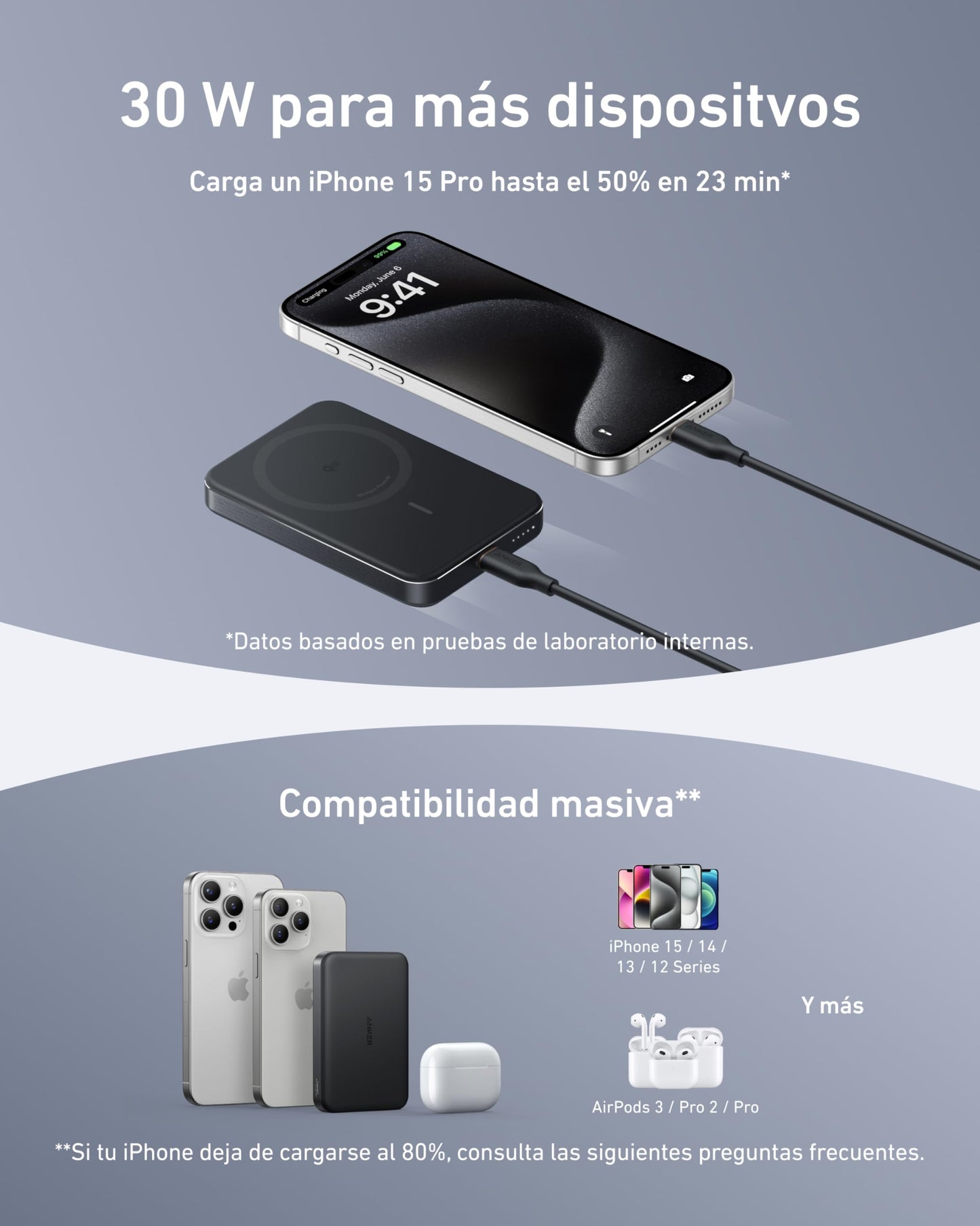 Batería Portátil Anker Negra Ultra Delgado 10000mAh con Carga Rápida y Cargador Inalámbrico para iPhone Serie 16/15/14/13/12