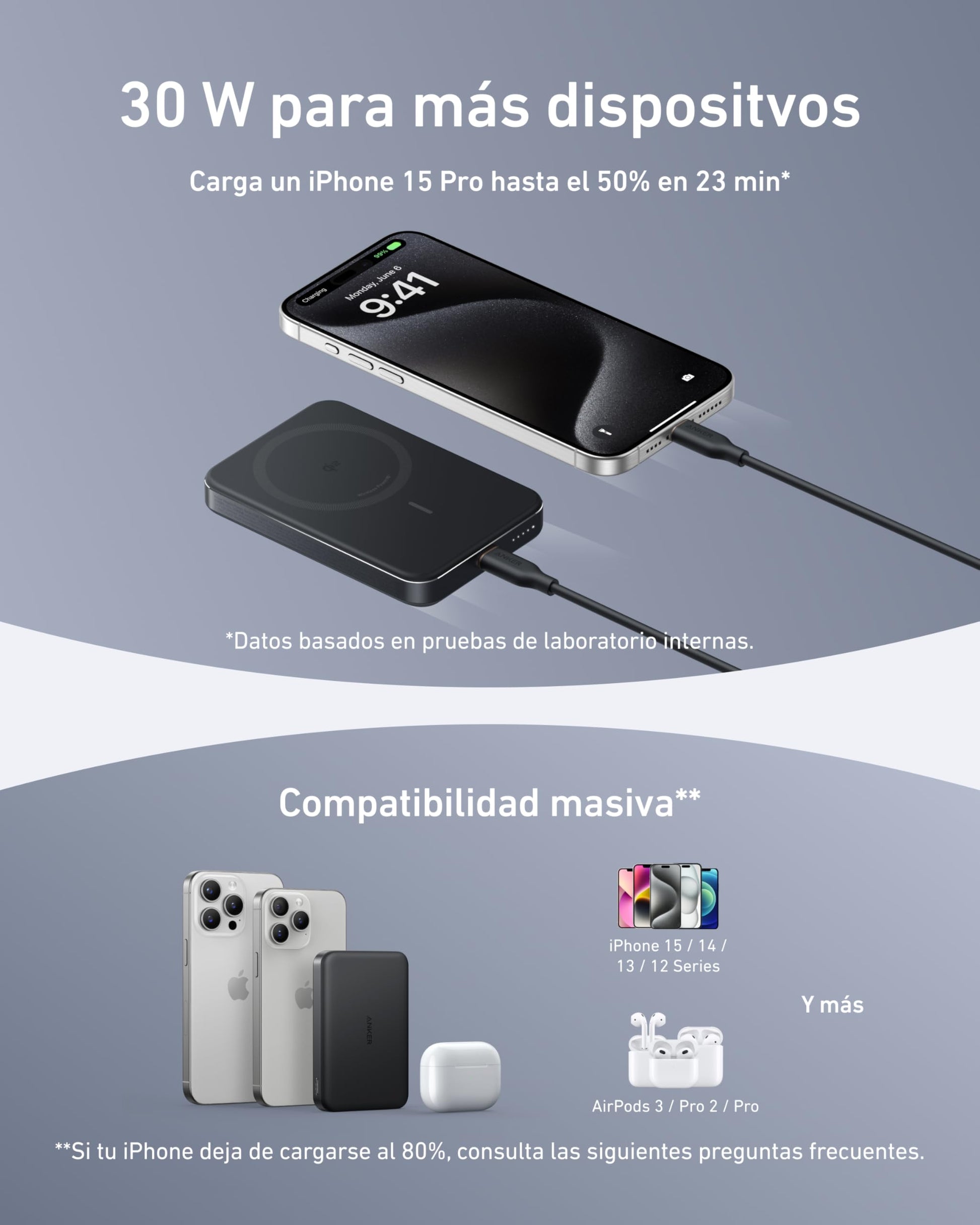Batería Portátil Anker Negra Ultra Delgado 10000mAh con Carga Rápida y Cargador Inalámbrico para iPhone Serie 16/15/14/13/12