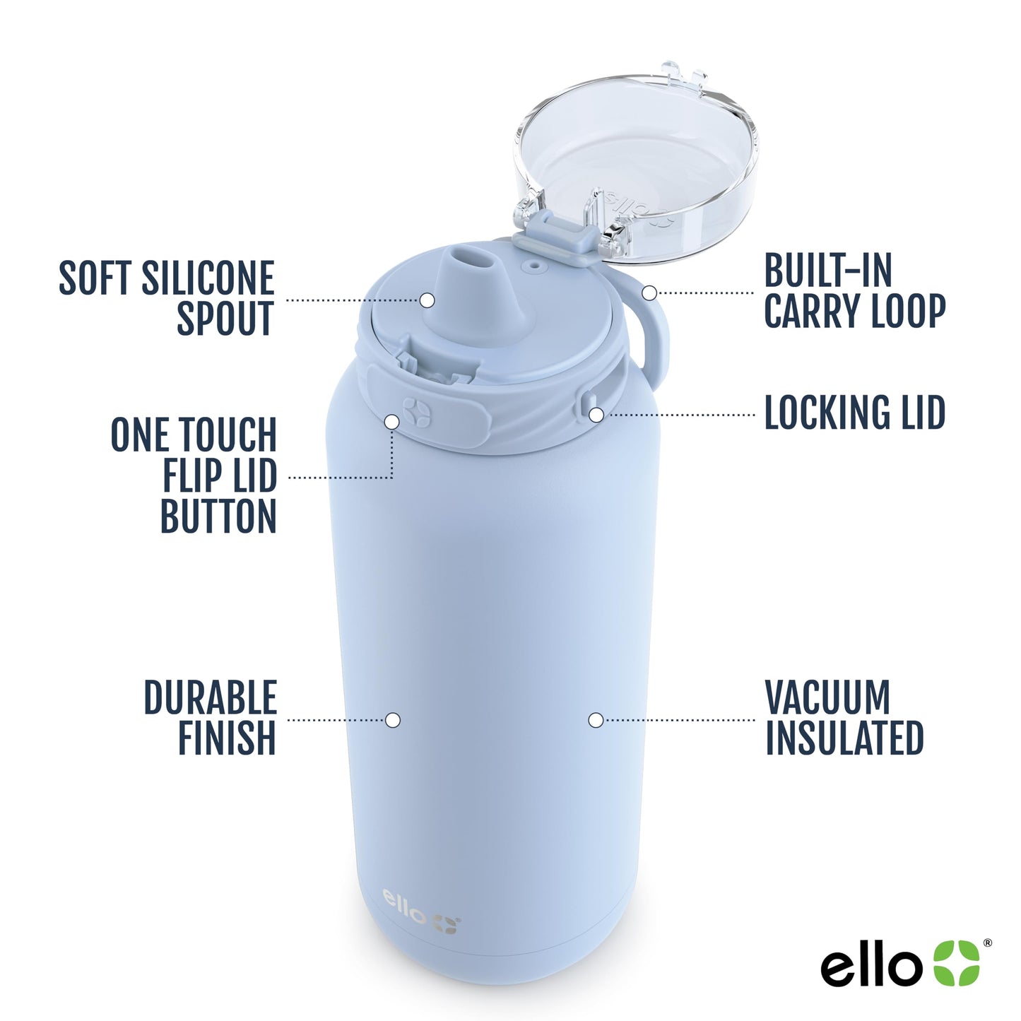 Botella de Agua de Acero Inoxidable Ello Verde con Asa y Tapa de Bloqueo a Prueba de Fugas