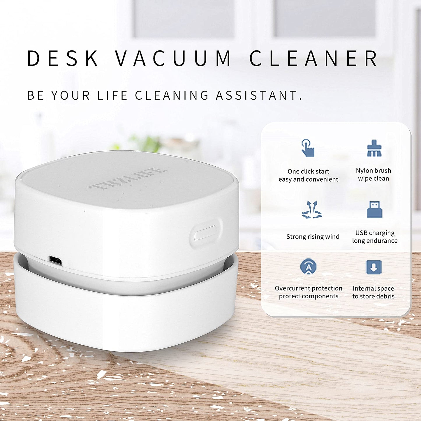 Aspiradora de Escritorio TRZLIFE Blanco Mini Succión Duradera Recargable