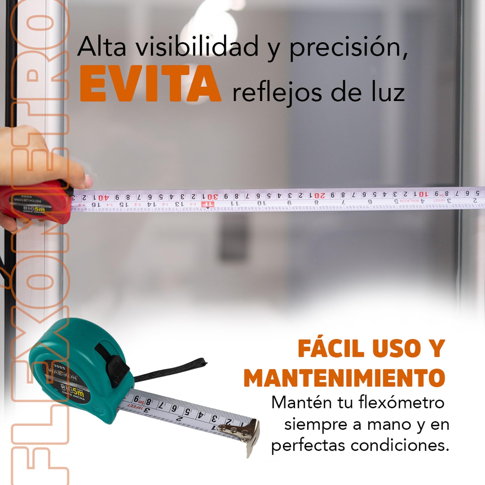 Cinta Métrica WALKON Blanca 3m y 5m con Escala en Centímetros, Pulgadas y Fracciones Ergonómica