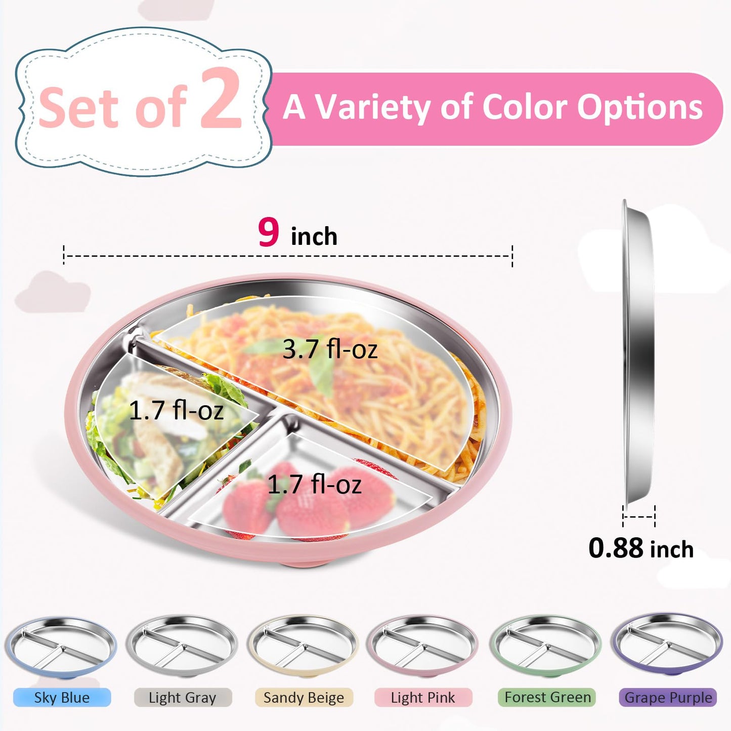 Bakpoco - Plato para bebé de acero inoxidable con succión, platos divididos de 9 pulgadas con mangas de silicona extraíbles para niños, no tóxico, antideslizante, irrompible, apto para lavaplatos,