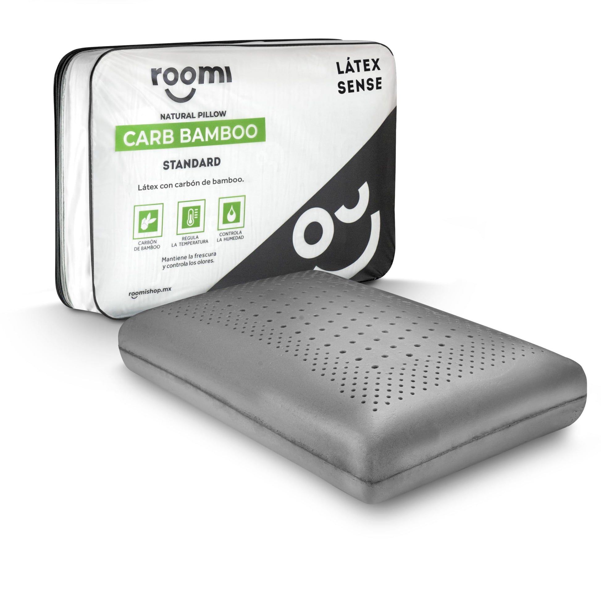Almohada Látex ROOMI Bamboo Carbón con Tecnología Air Flow Hipoalergénica y Funda Transpirable Removible