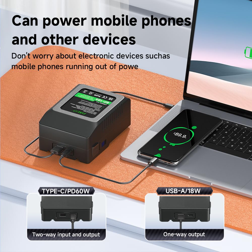 Batería V-Mount/V-Lock de 12500mAh 185Wh Paquete de 2, Batería Recargable Li-Ion con PD USB-C Cargador Rápido para Sony HDCAM, XDCAM, Broadcast Video cámara videocámara Monitor