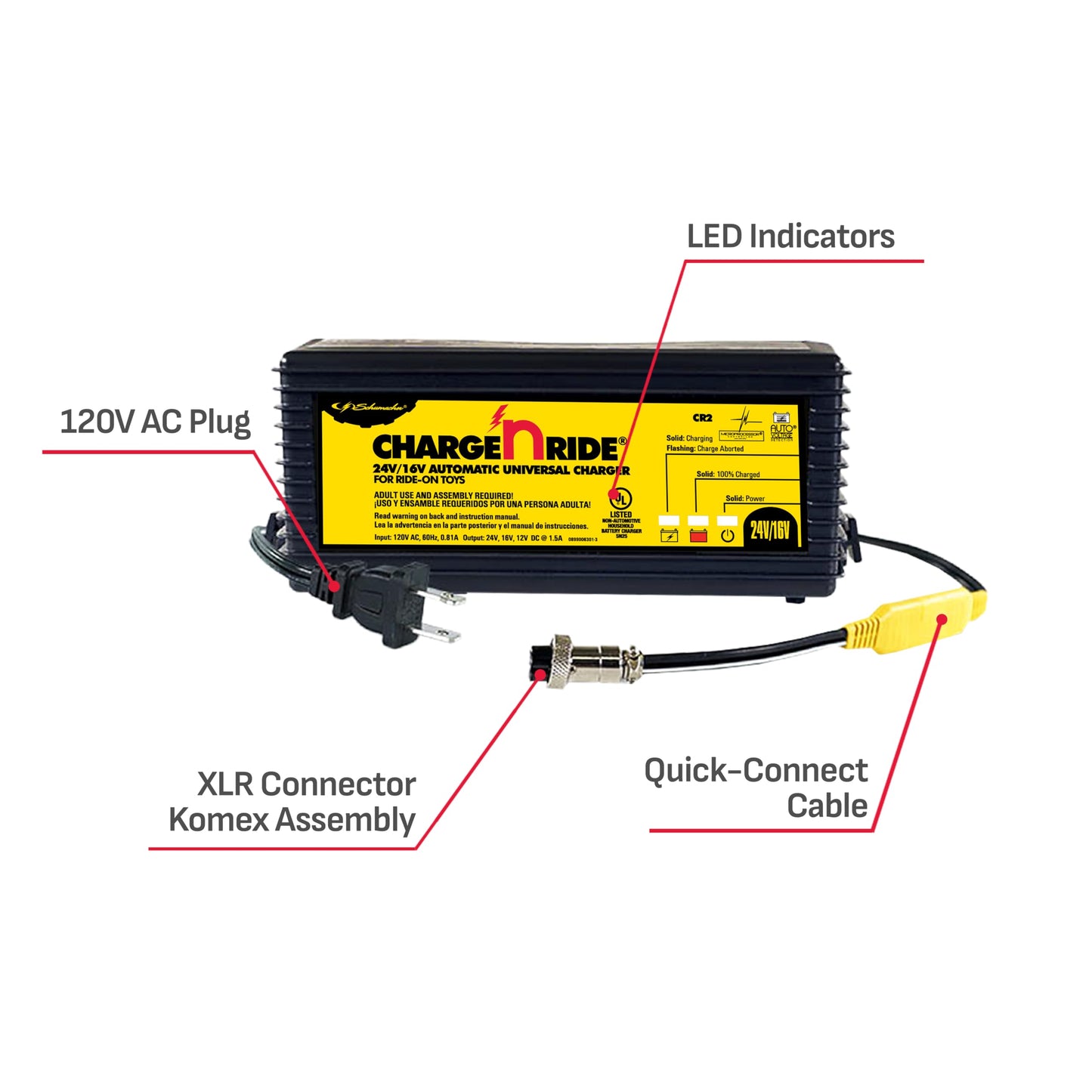 Schumacher Electric Charge 'n Ride Cargador de batería Universal y mantenedor para Juguetes de Montaje, CR2, 2 en 1, Totalmente automático, 1.5 amperios, 16 voltios, 24 voltios, Incluye Conector XLR