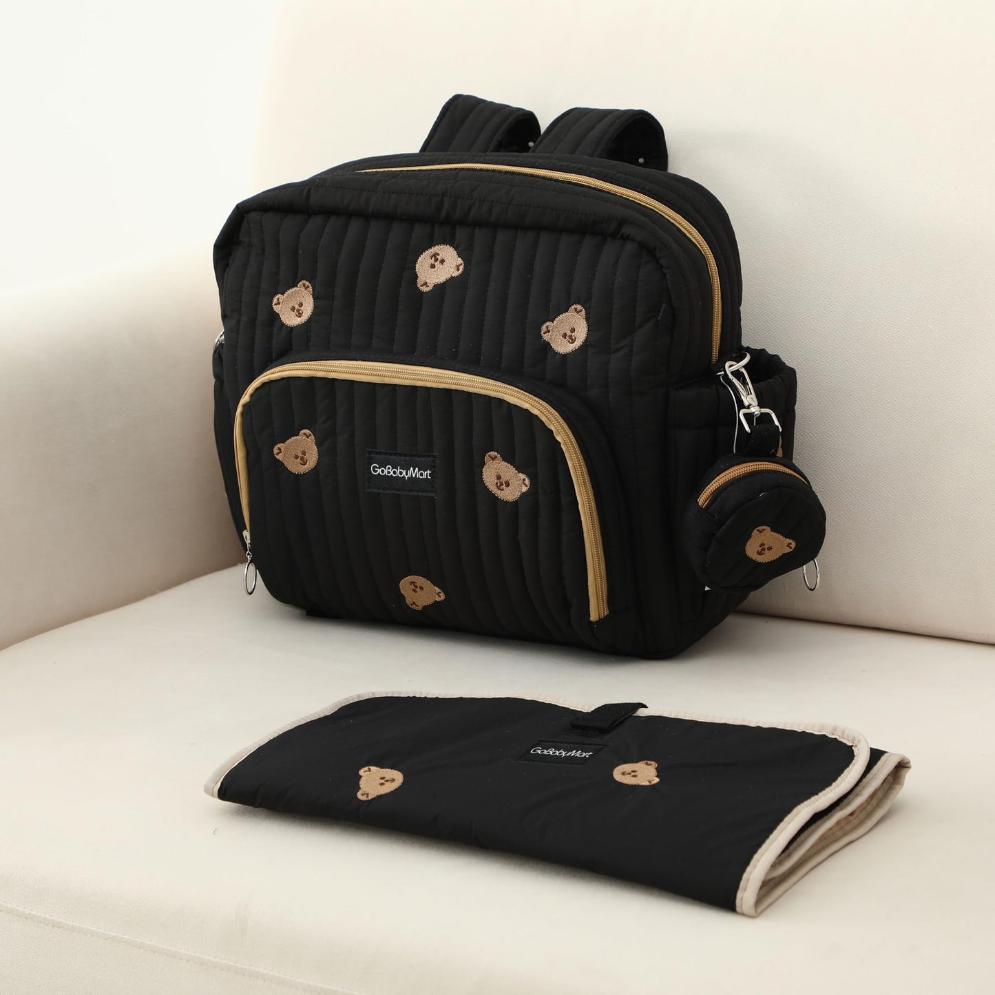 GOBABYMART - Mochila para pañales con cambiador, bolsa de viaje para bebé, bolsillos aislados para botellas, correas para carriola (medianas, osos negros)