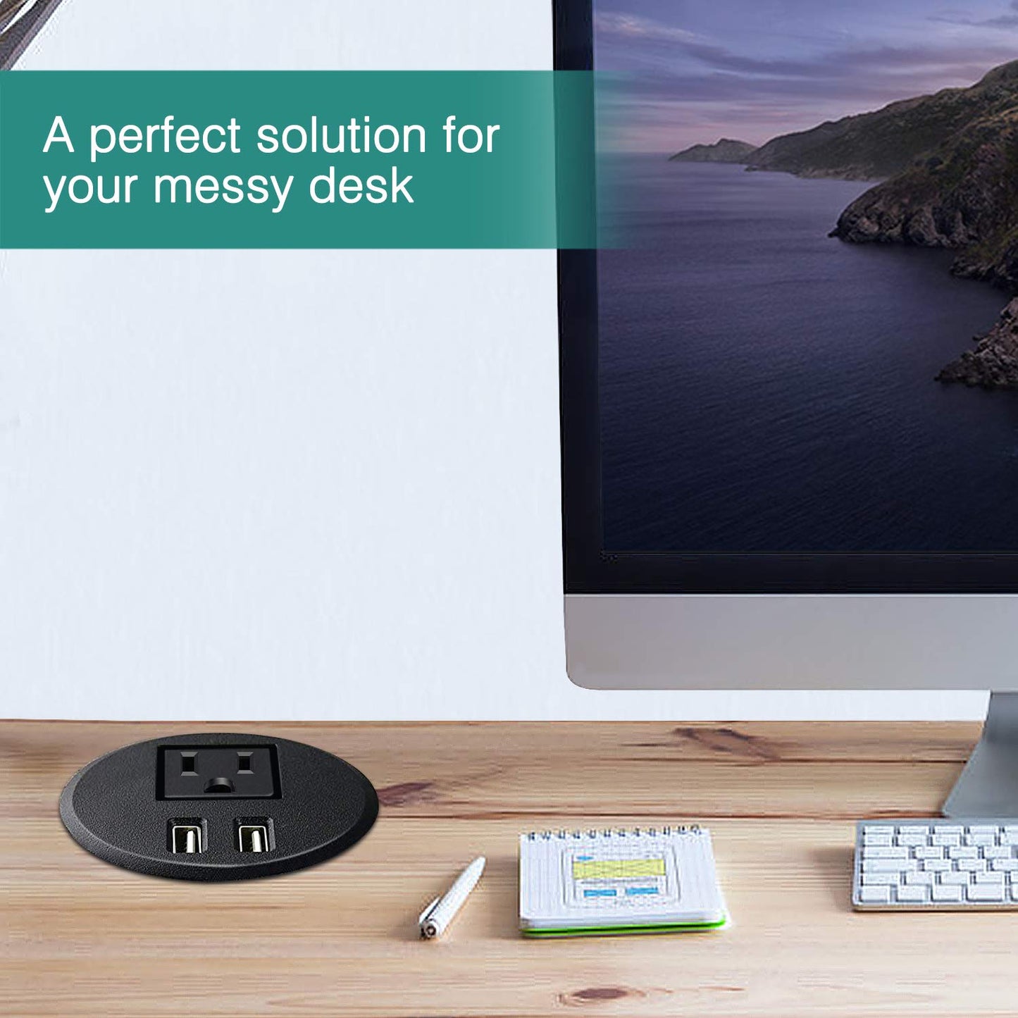 Ojal de alimentación de computadora con ojales de alimentación de 2 3/8 pulgadas con 2 puertos de carga USB, cable de extensión de 6.5 pies con 1 toma de corriente para computadora, mesa, cocina,