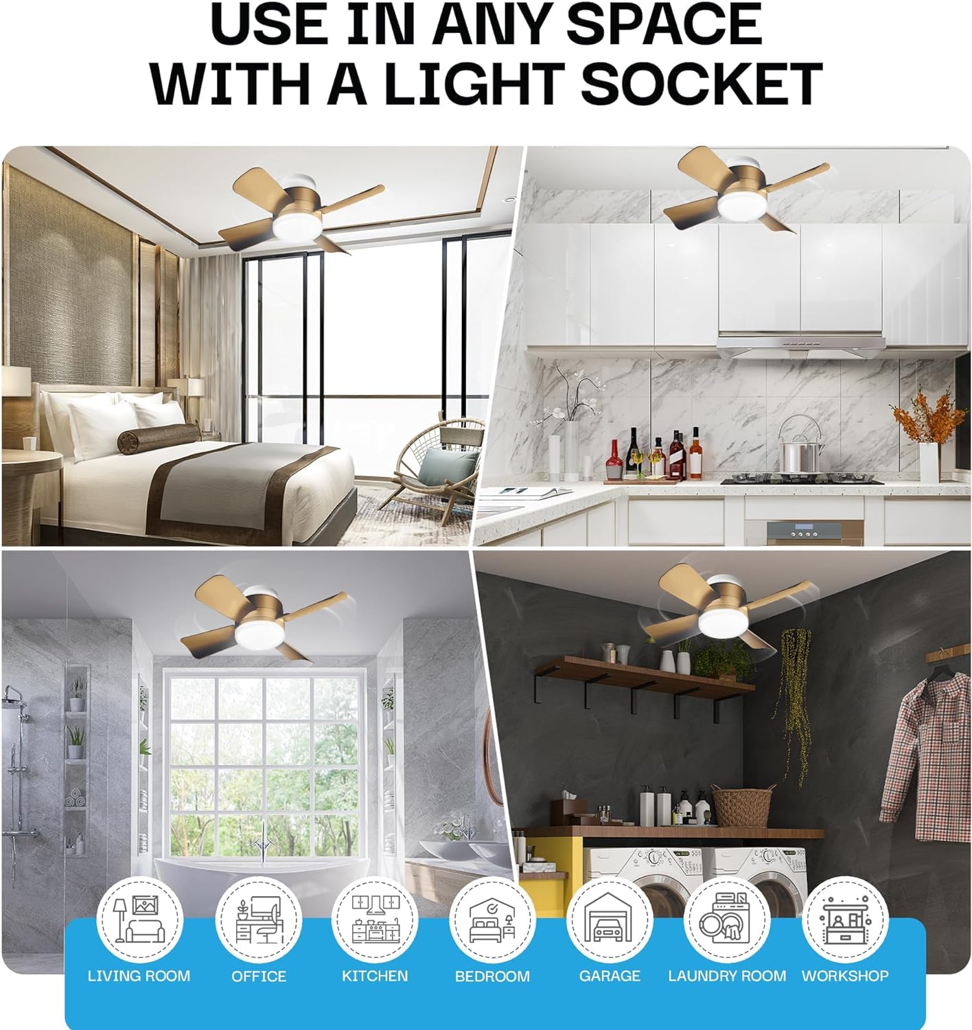Bell + Howell - Ventilador de techo con socket, con luces led y control remoto, repuesto de foco, para dormitorio, cocina, sala, 1000 lúmenes, 5000 Kelvins, bronce