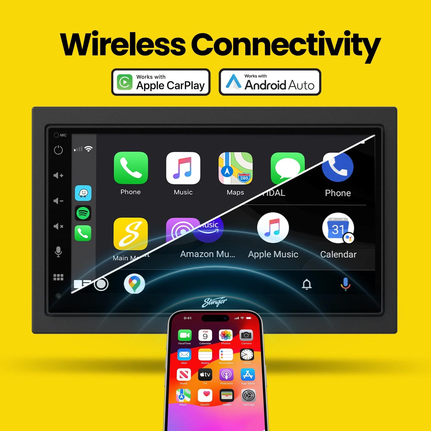 Radio para automóvil Stinger Double DIN con Pantalla táctil HD de 6.8”, Compatible con JK 2007-2018.
