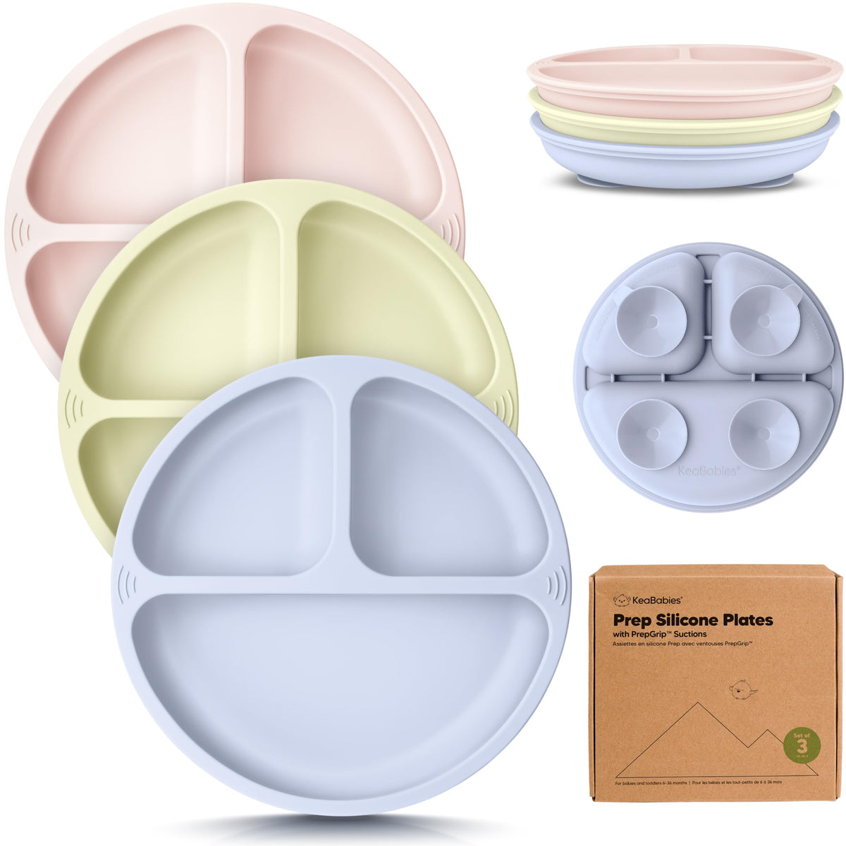 Placas de succión para bebés, niños pequeños, 100% silicona, placas para bebés divididas con succión, placas de silicona para bebés, sin BPA, aptas para microondas (lluvia)