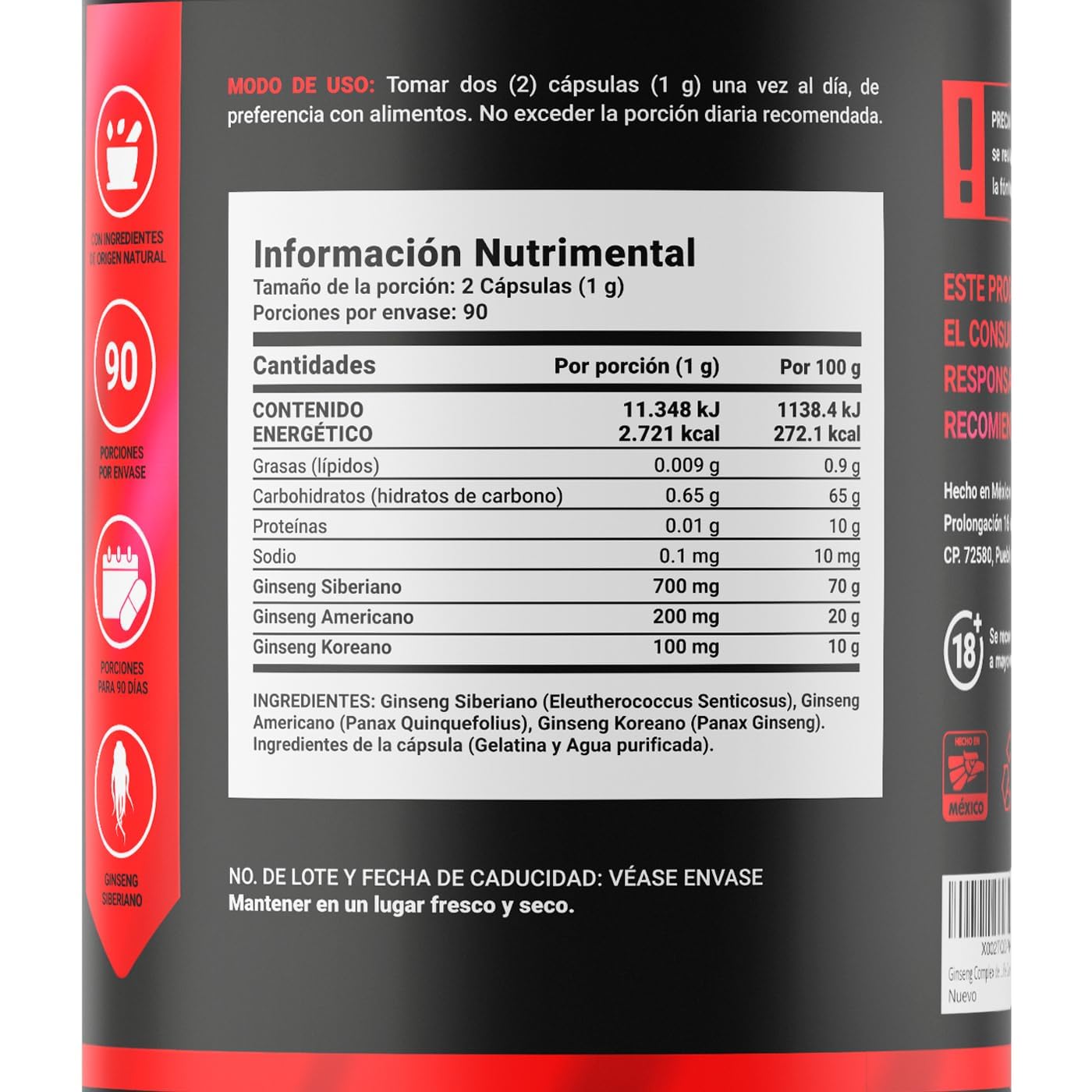 Ginseng: Siberiano, Americano y Koreano de 180 Cápsulas de 1000 mg por porción. Ingredientes naturales. Ginseng Blend B Life.