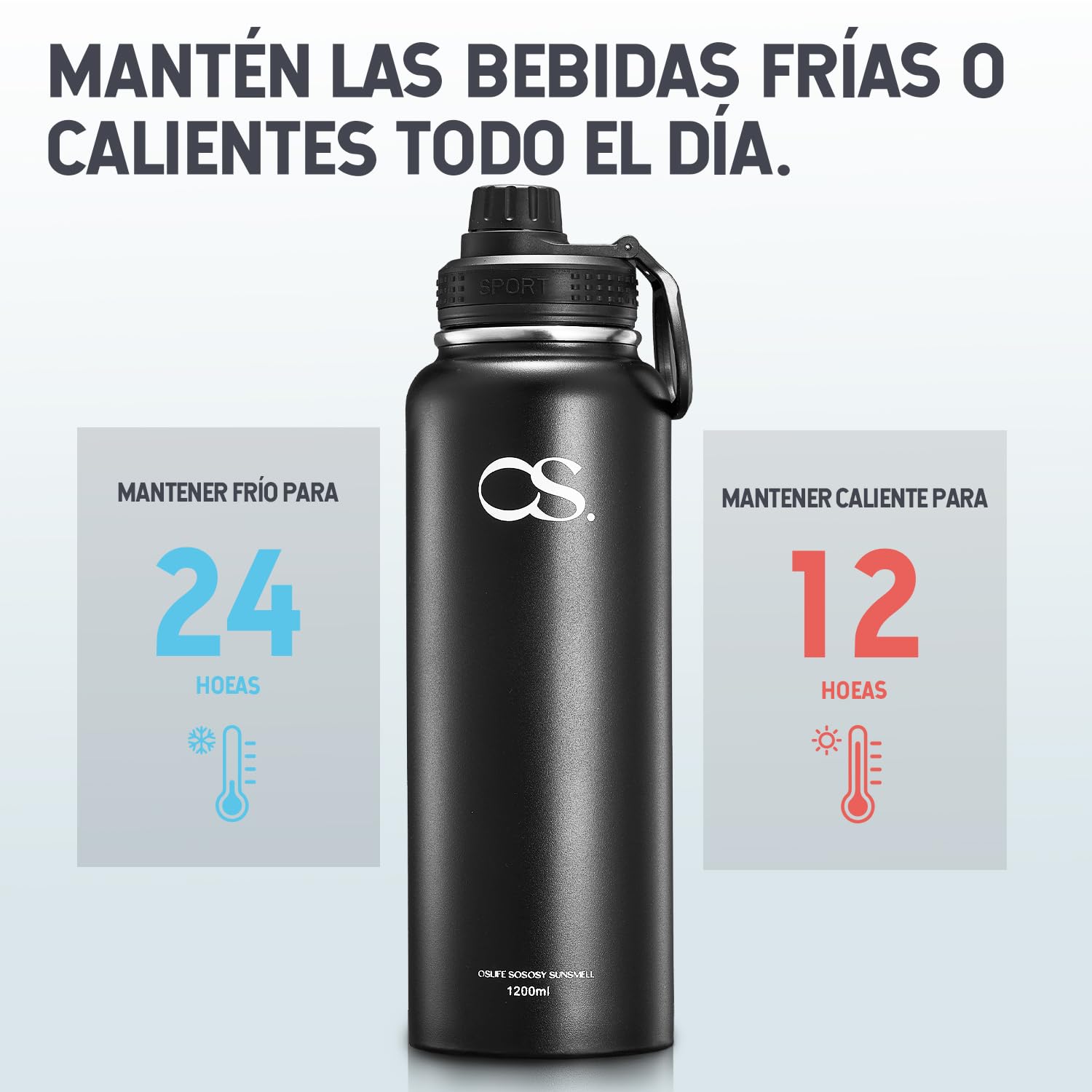 Termo de Acero Inoxidable OSLIFE Negro Hermético Antigoteo 1.2 Litros para Senderismo