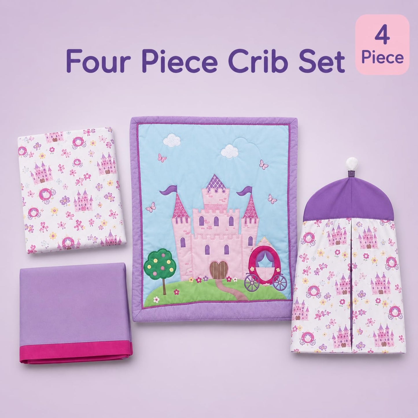 EVERYDAY KIDS - Juego de ropa de cama para cuna de 4 piezas, Princess Storyland, incluye colcha, sábana bajera, volantes y apilador de pañales, juego de ropa de cama para cuna de bebé