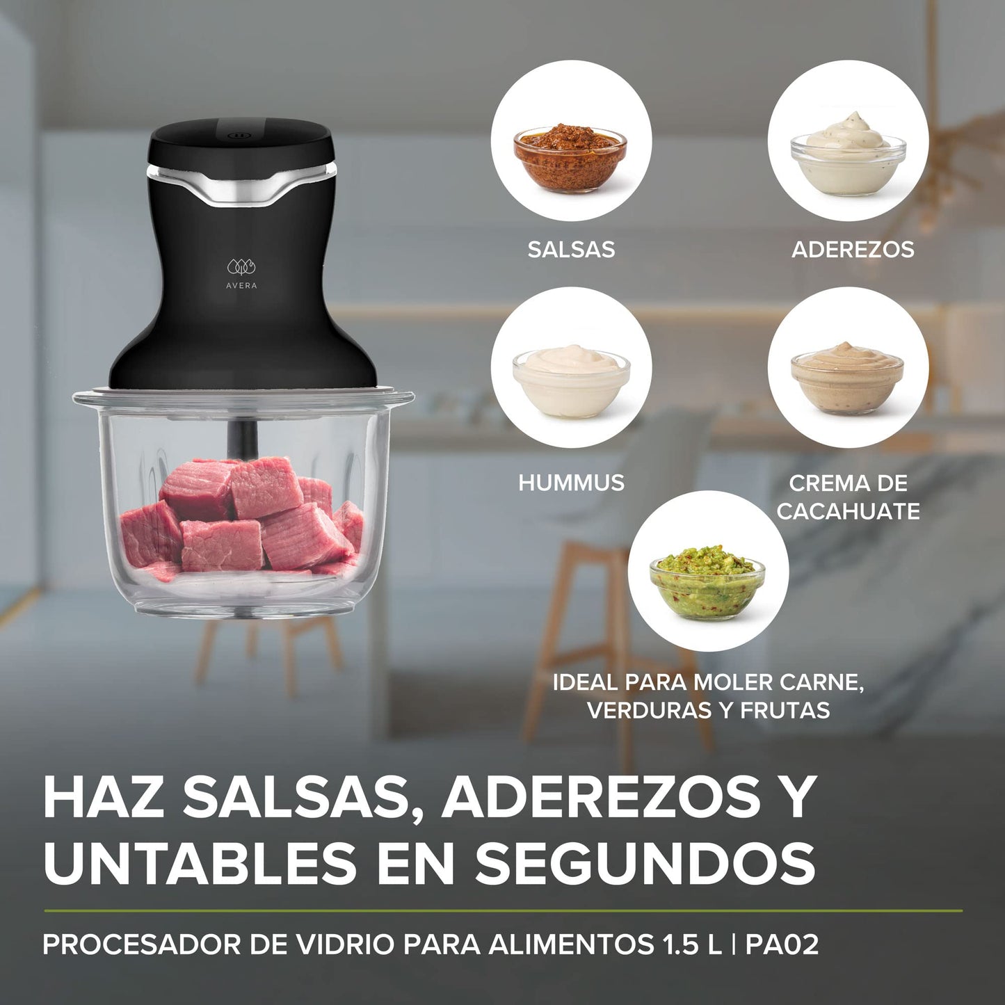 AVERA Procesador de Alimentos de Vidrio, (Pica, Licua, Ideal para Puré y Mezclar una Gran Variedad de Alimentos en Instantes) Food Processor Color Negro, PA02
