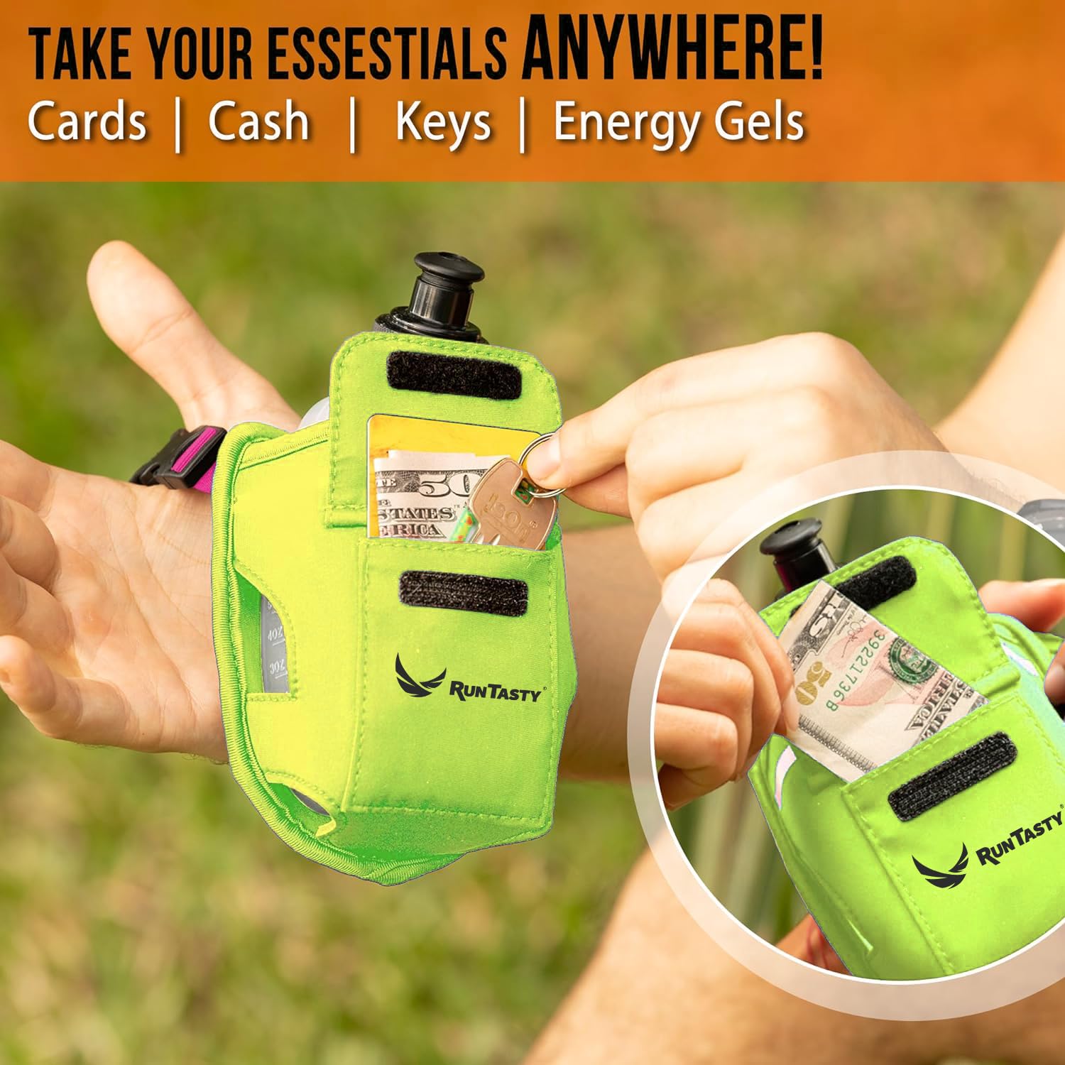 Botella de agua y cinturón 2 en 1 Running Fun Green de mano de 12 onzas, correa a mano o deslizarse en el cinturón, bolsillo impermeable para dinero, llave, identificación, maximiza tu tiempo,