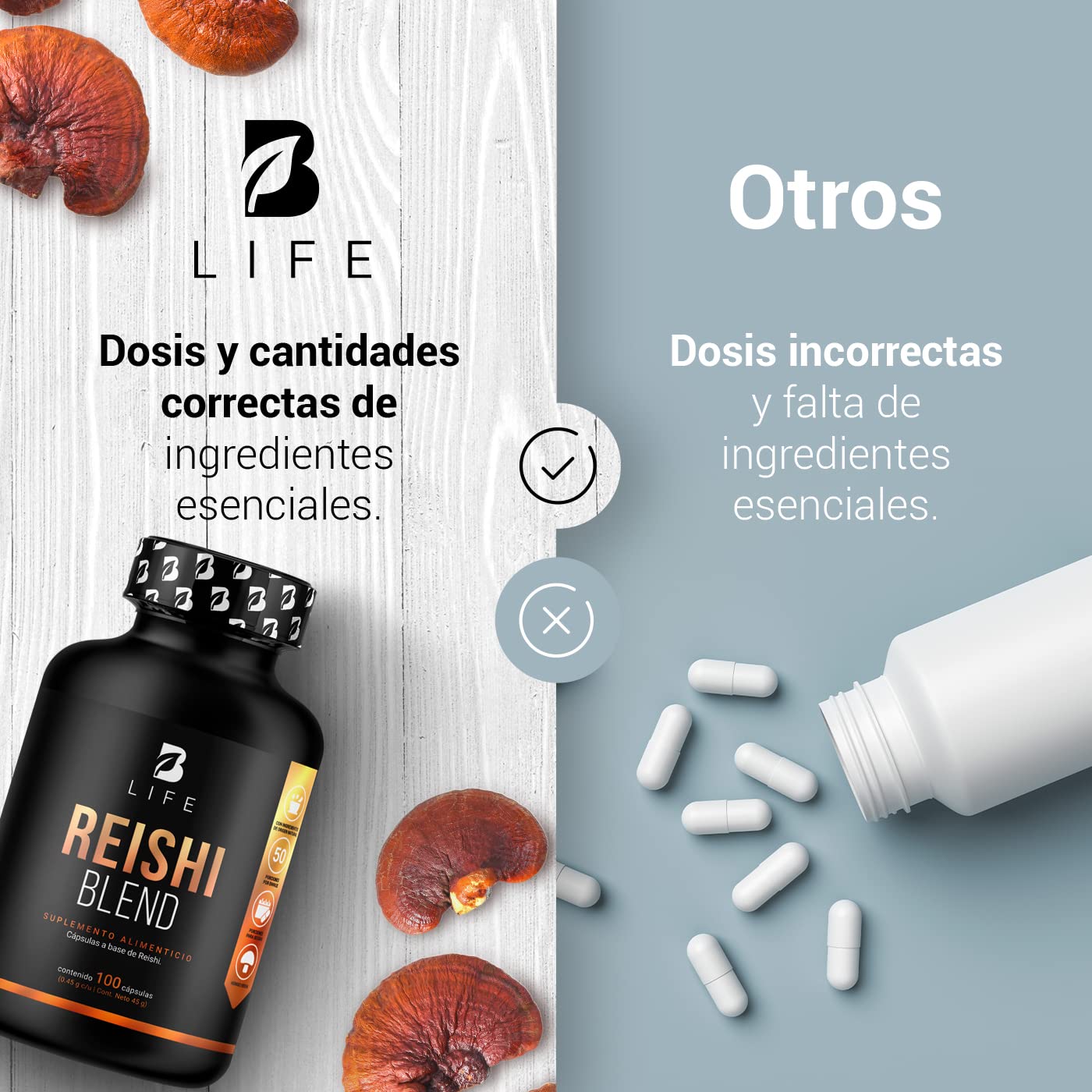 Hongo Reishi (Ganoderma) |Adaptogeno de 100 Cápsulas. Ingredientes naturales. Reishi Blend B Life.
