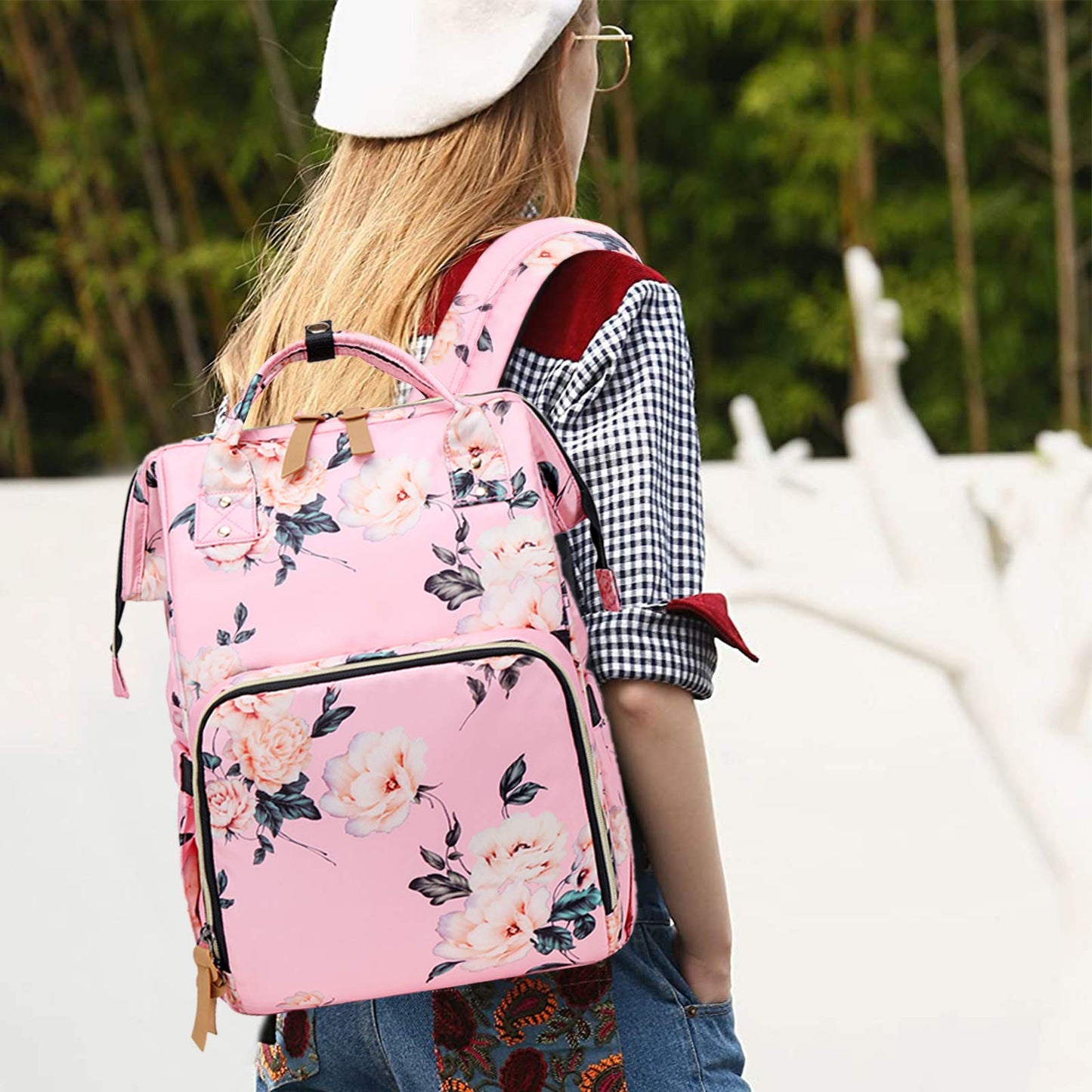 FANDARE Mochilas de Pañales Bebé Bolsa de Pañales con Puerto USB Enchufe de Audífonos Mochila de Viaje Mamá Multifuncional Gran Bolsa de Cambio de Bebé Duradero Nylon Rosado