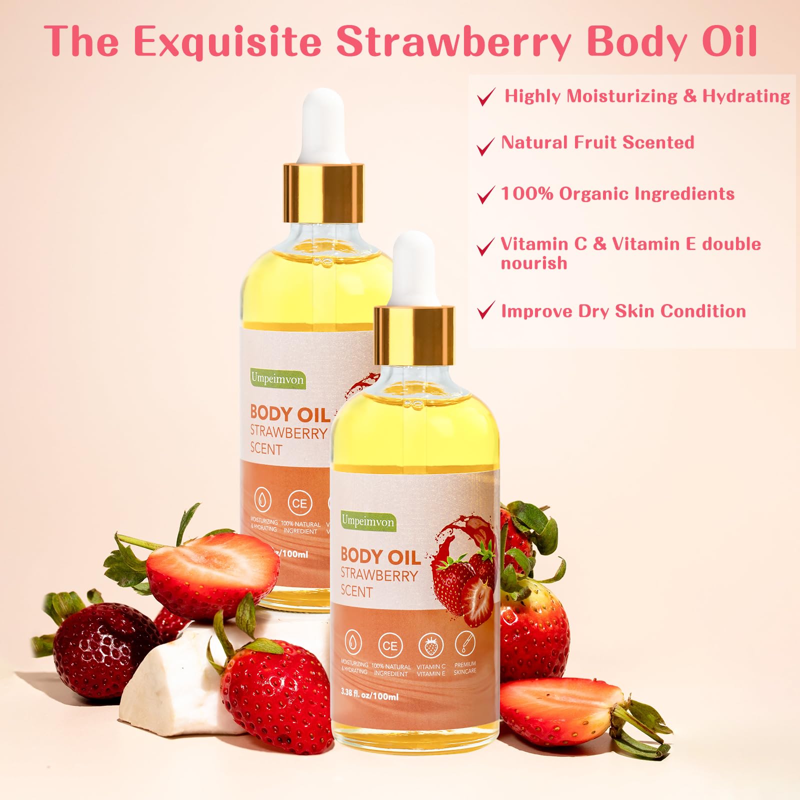 Umpeimvon- Paquete de 2 aceites corporales de fresa de 3,38 fl.oz para después de la ducha, aceites corporales con fragancia Gua Sha con vitamina C y E