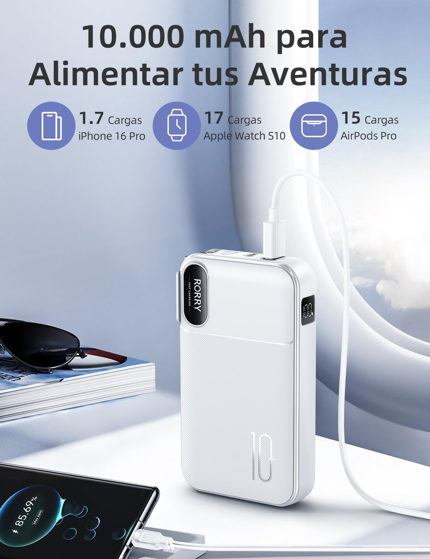 Power Bank RORRY Blanco Bateria Portatil 10000 mAh Pila con Enchufe AC Plegable y Cables Integrados