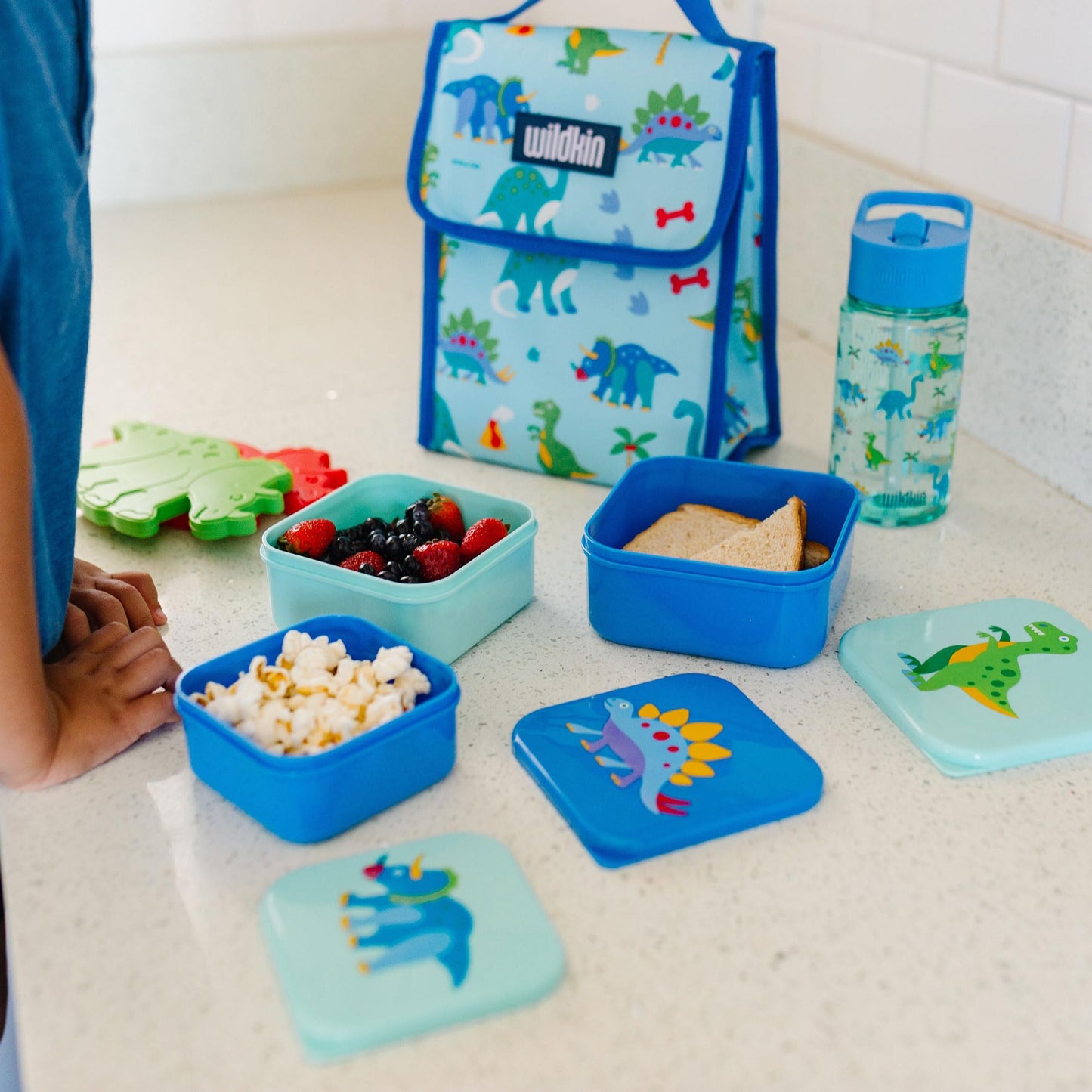 Wildkin - Recipientes de comida para niños, apilables, herméticos y aptos para lavaplatos, juego de 3 unidades - Dinosaur Land