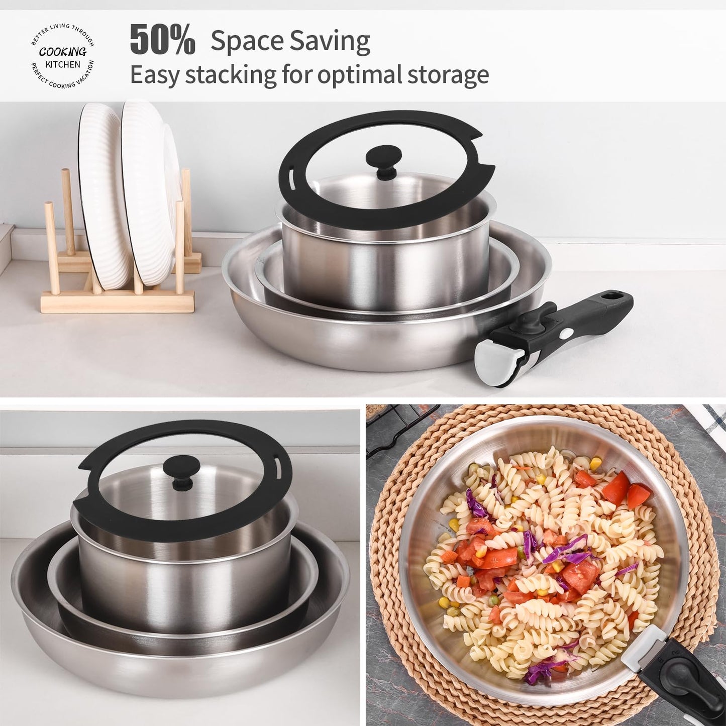 INQIBEE-El set de sartenes de acero inoxidable tricapa, apto para inducción, ideal para hogar y camping en RV, con asa desmontable para utensilios de cocina, apto para lavavajillas y horno.
