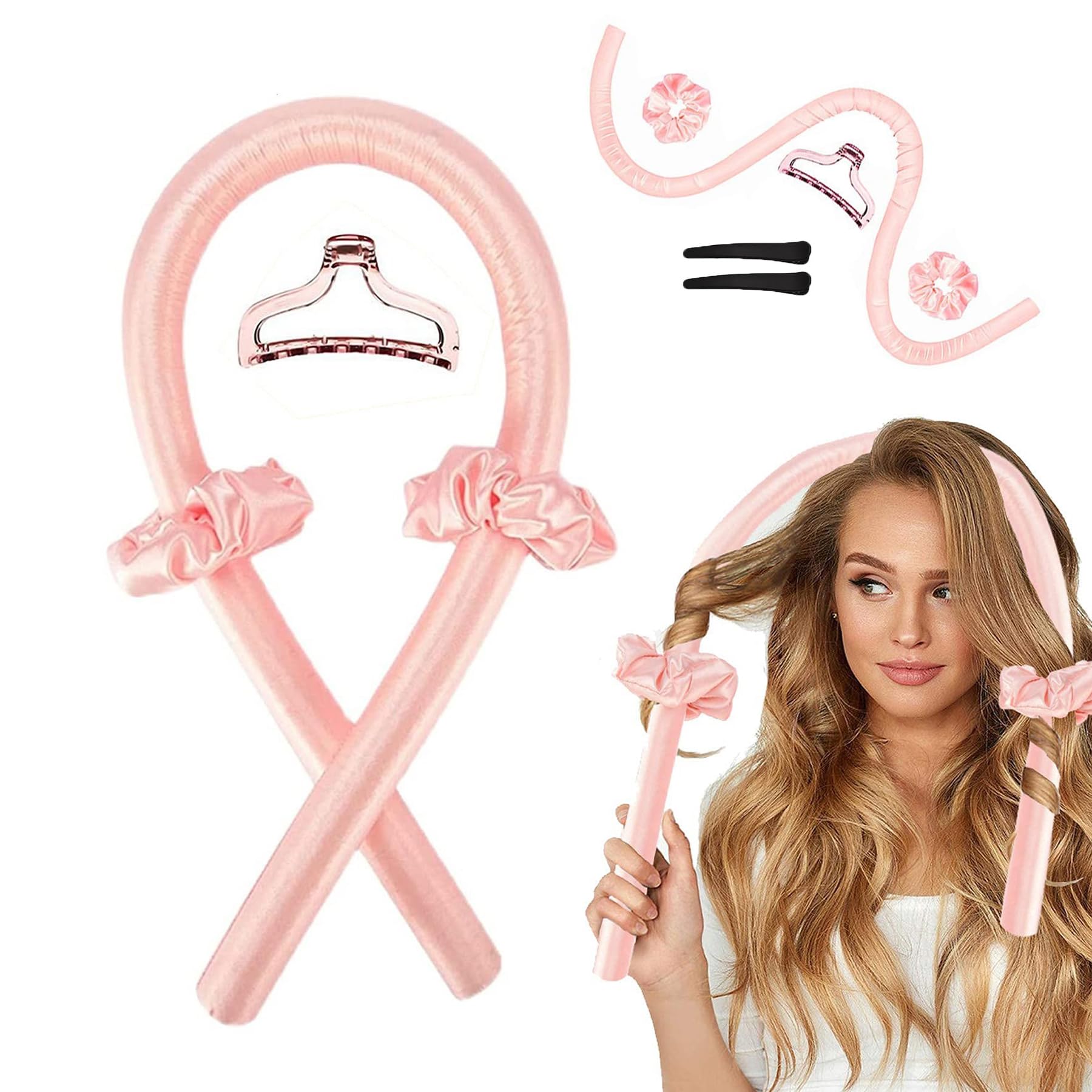 Rizador Pelo Sin Calor, Rulos Flexibles para Rizar Pelo Ondas, con Pinzas para el Cabello y Coletero, Kit de Herramientas de Peinado de Pelo de Seda Suave, Sin Daños, Sin Calor - Rosa
