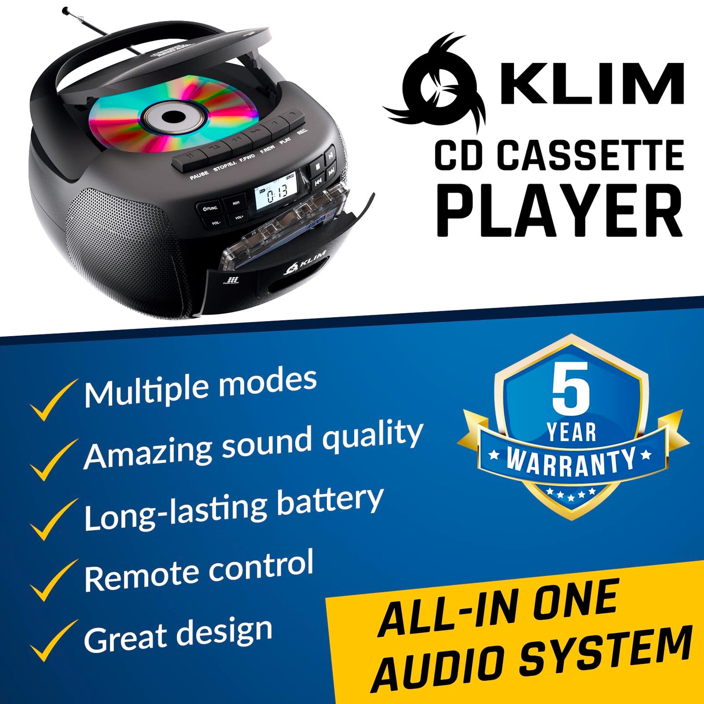 KLIM CD + reproductor de cinta de cassette, Bluetooth CD Boombox, radio AM/FM, sonido estéreo, control remoto, reproductor de CD y cassette, grabación de cinta, unidad USB, AUX