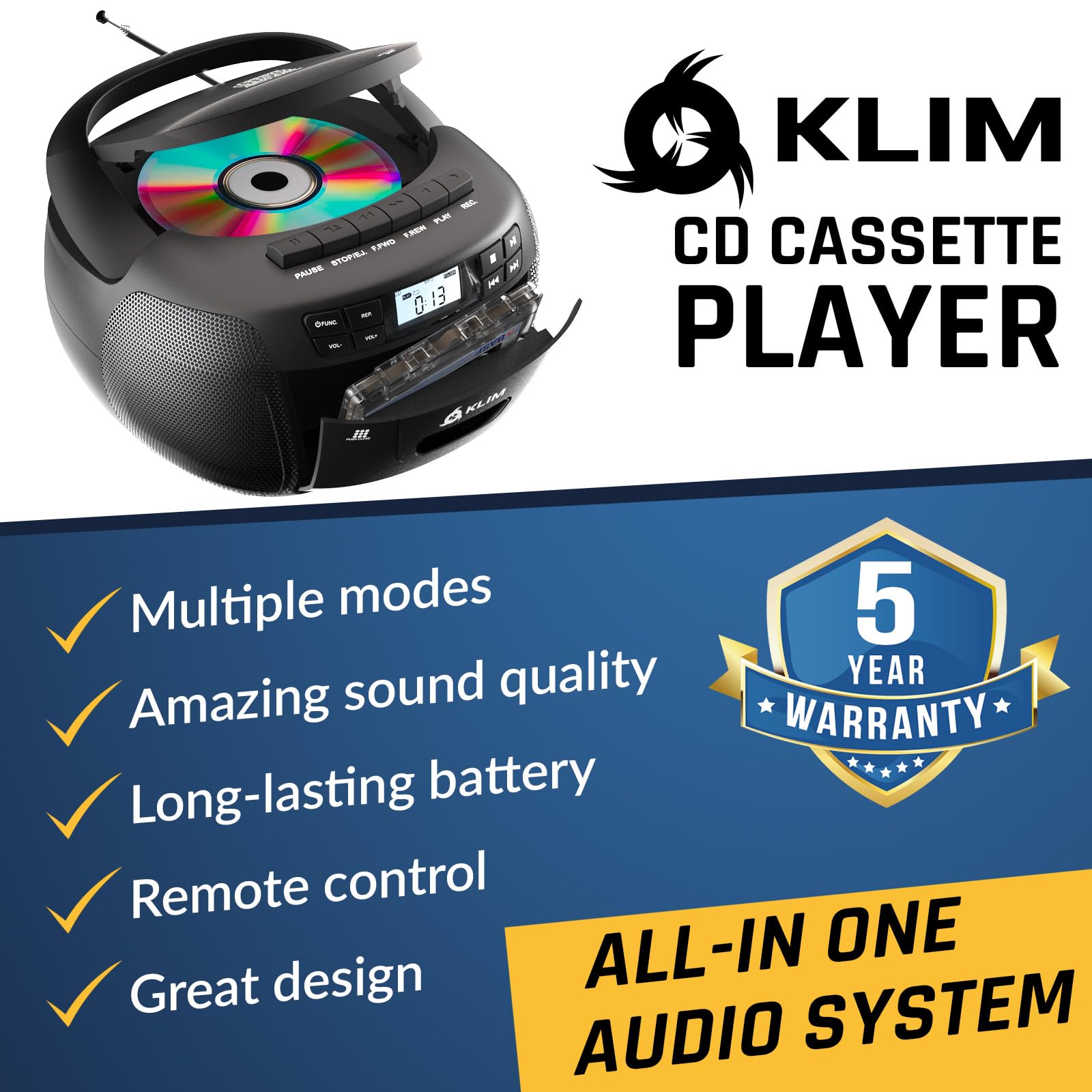 KLIM CD + reproductor de cinta de cassette, Bluetooth CD Boombox, radio AM/FM, sonido estéreo, control remoto, reproductor de CD y cassette, grabación de cinta, unidad USB, AUX