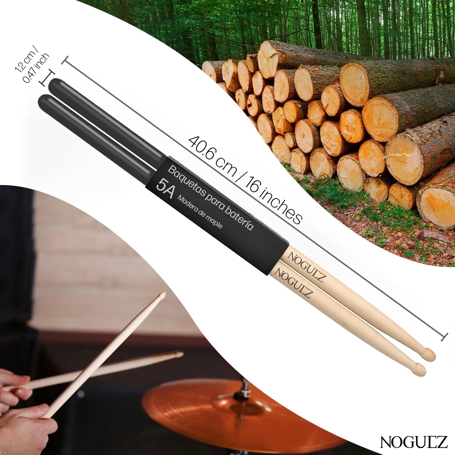 Noguez. 4 Baquetas Profesionales 5A con Grip Antideslizante para Batería, 2 Pares de Baquetas de Madera de Maple con Punta Ovalada, 2 pairs of drumsticks.