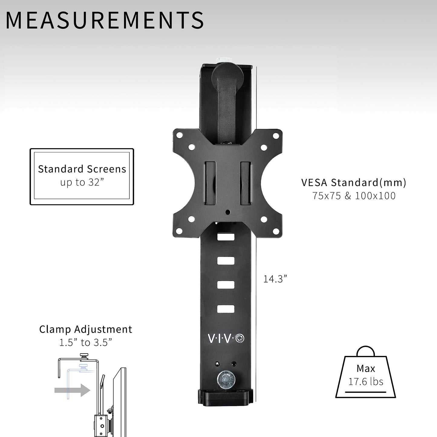Soporte de Oficina VIVO Negro con Abrazadera Ajustable para Monitor de 17 a 32 Pulgadas