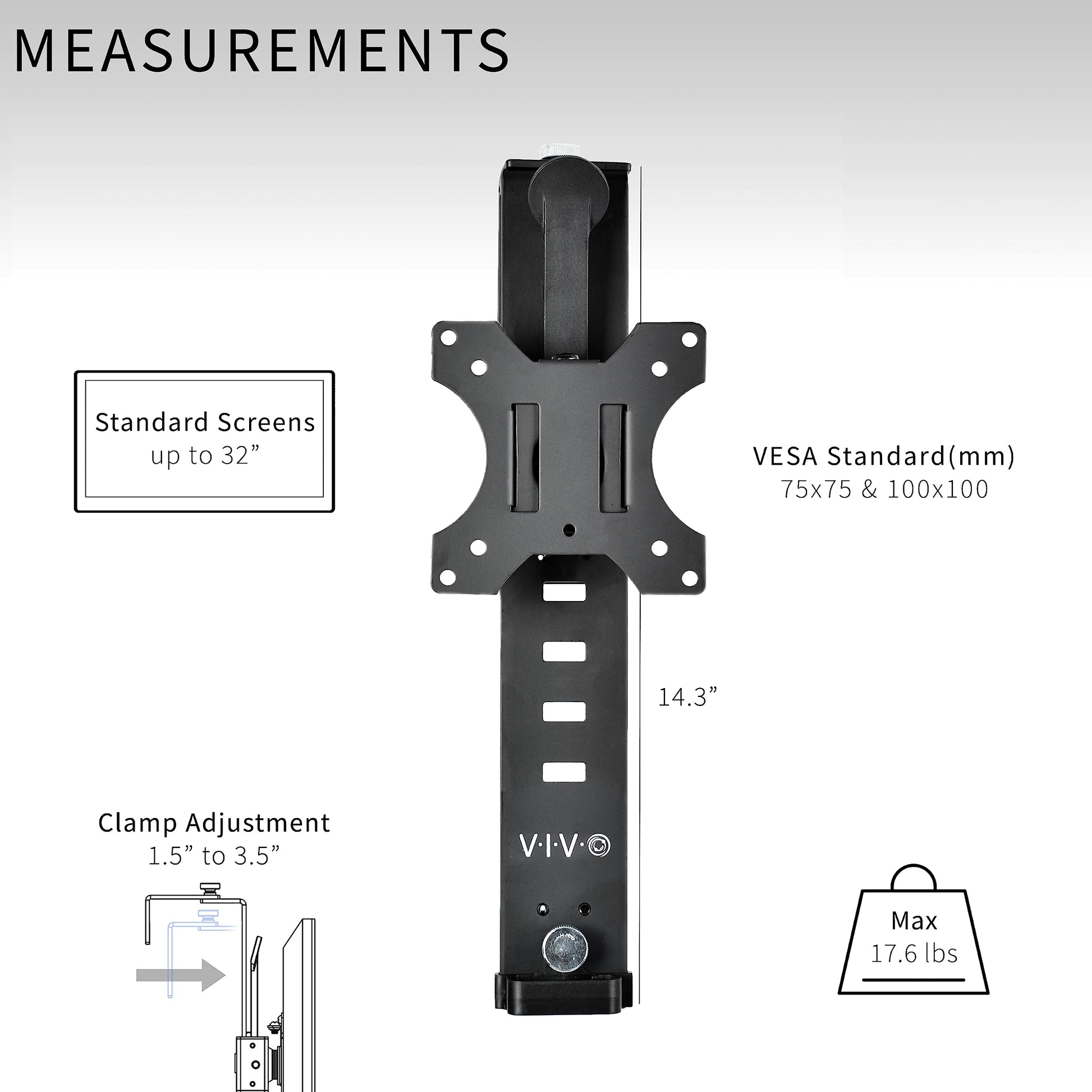 Soporte de Oficina VIVO Negro con Abrazadera Ajustable para Monitor de 17 a 32 Pulgadas