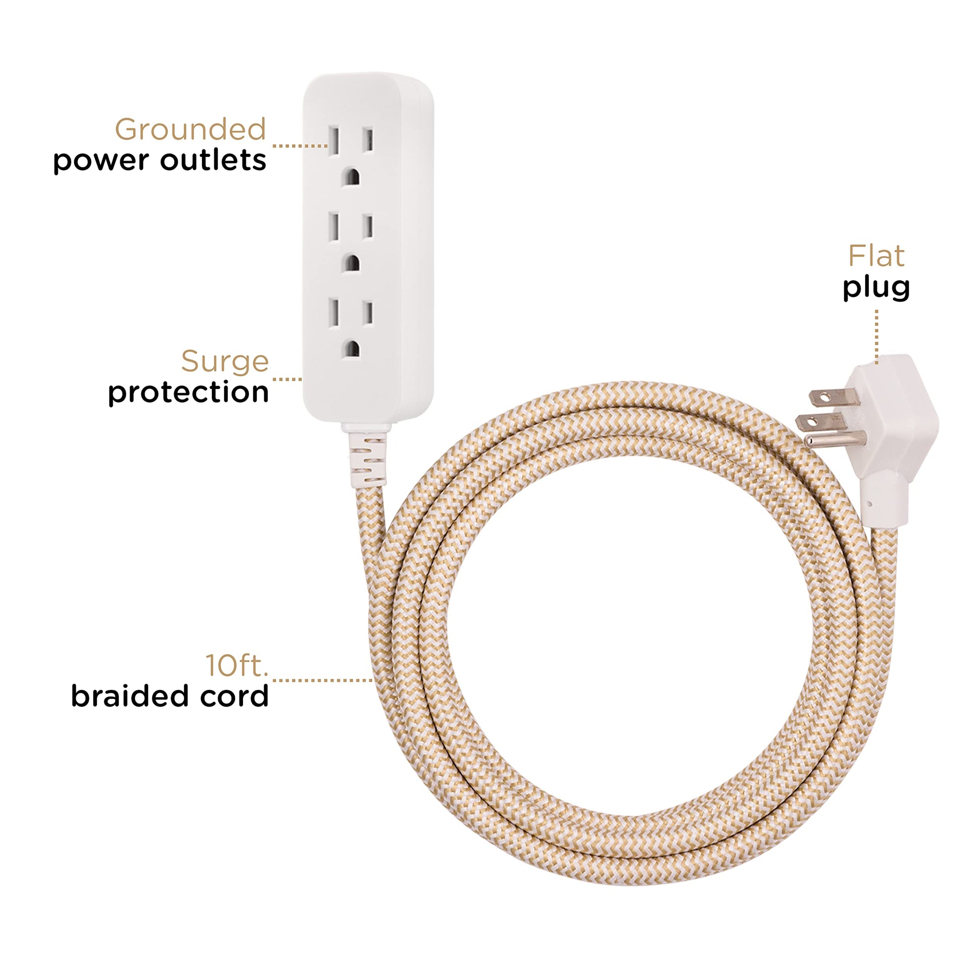 Cordinate Designer 3-Outlet Extension Cord with Surge Protection, Brown Braided Décor Fabric Cord, 10 ft, Low-Profile Plug with Tamper Resistant Safety Outlets, 37916