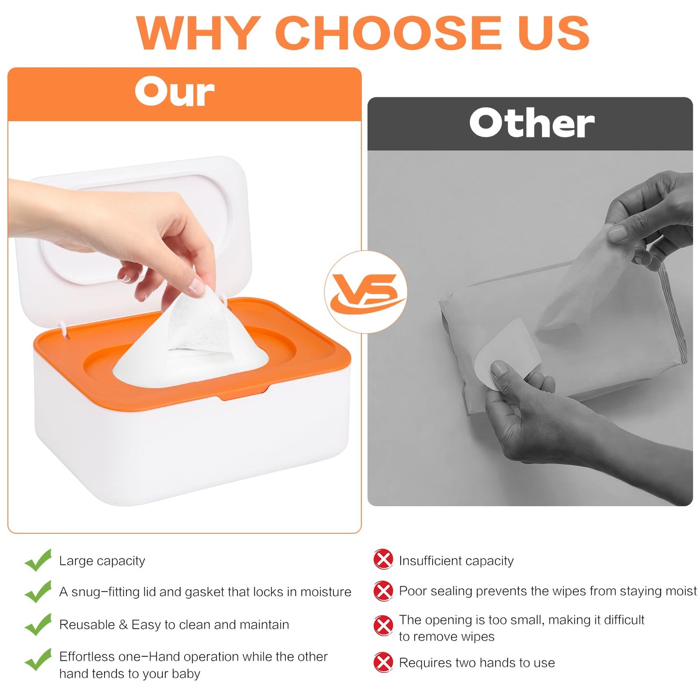 Dispensador de toallitas para bebé, caja reutilizable para toallitas húmedas y bolsa portátil para toallitas húmedas, contenedor recargable con tapa para baño, bebé, cuarto de bebé, cocina, oficina, viajes (naranja)