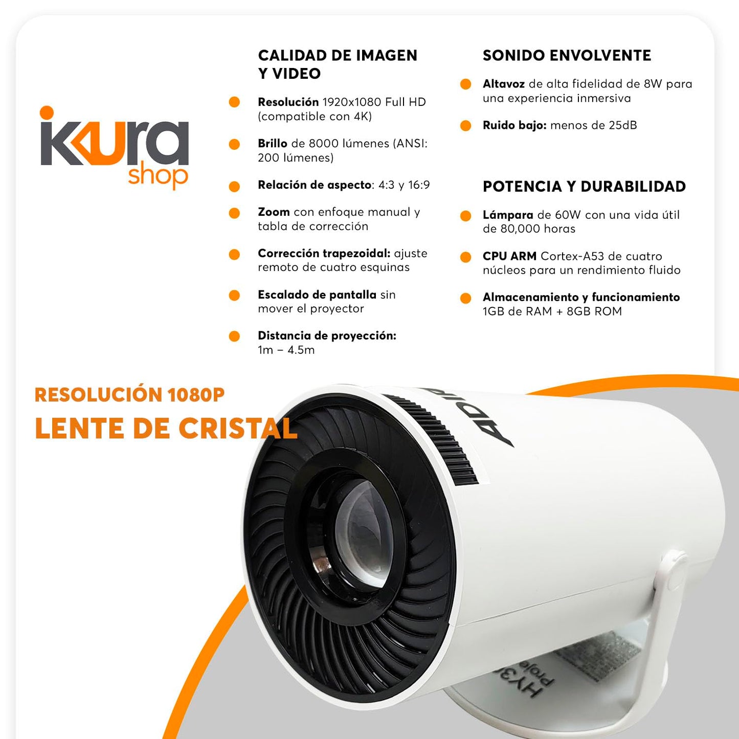 Adir Proyector Profesional Portatil 4K 1080P Blanco 12351