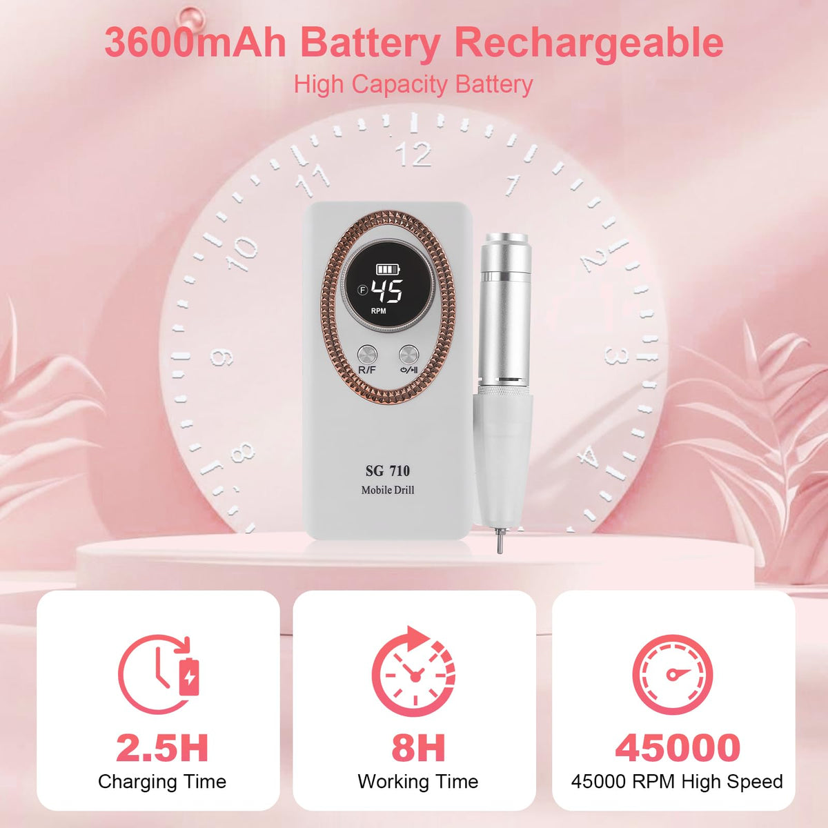 Taladro de Uñas Eléctrico ABZXT Recargable Portátil 45000 RPM para Bricolaje