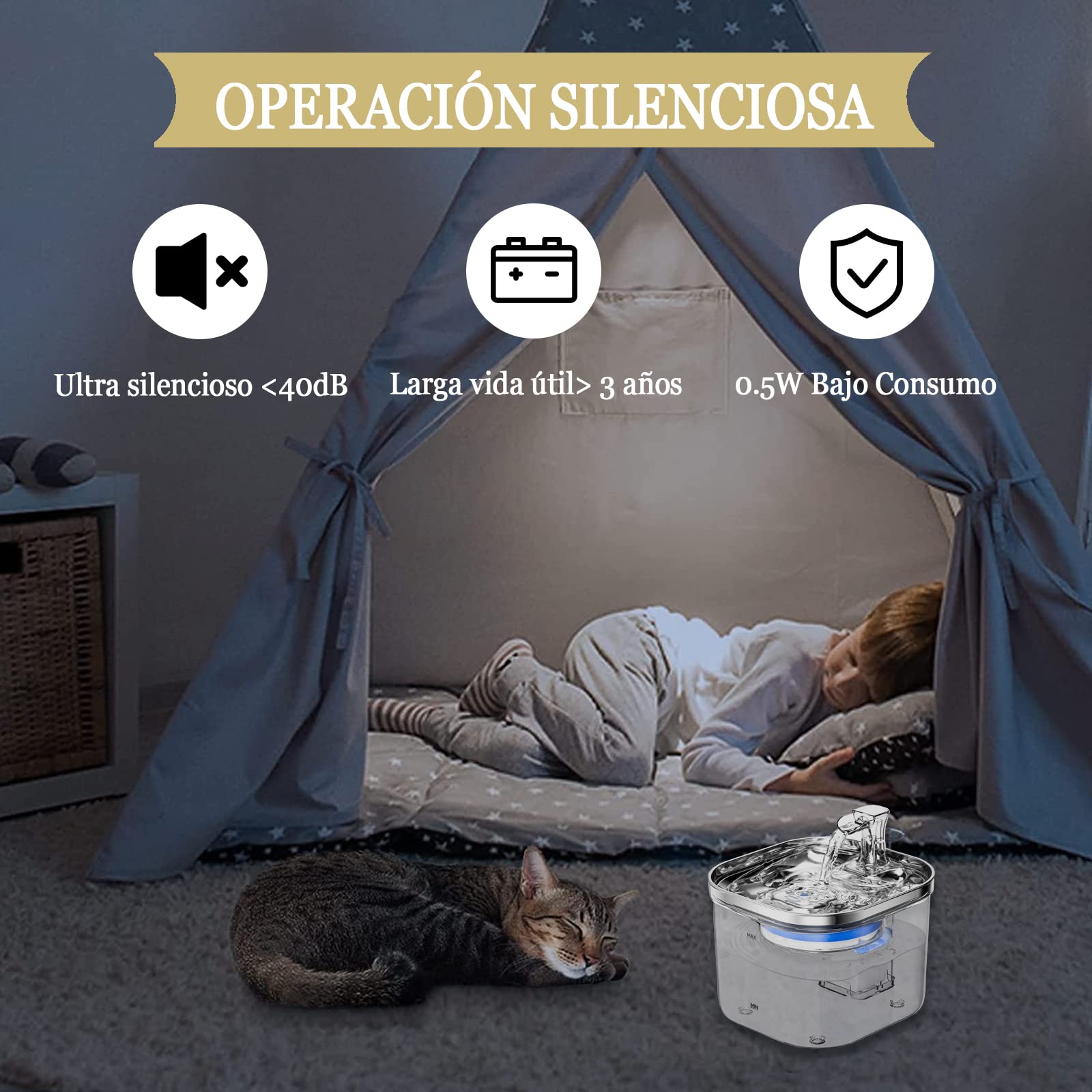 JIJO Bebedero para Gato, 304 Acero Inoxidable Fuente para Gato, 67oz/2 L, Ultrasilencioso y Sistema de Filtración de Agua Circulante de Fuente de Agua para Gatos, Dispensador de Agua para Perro