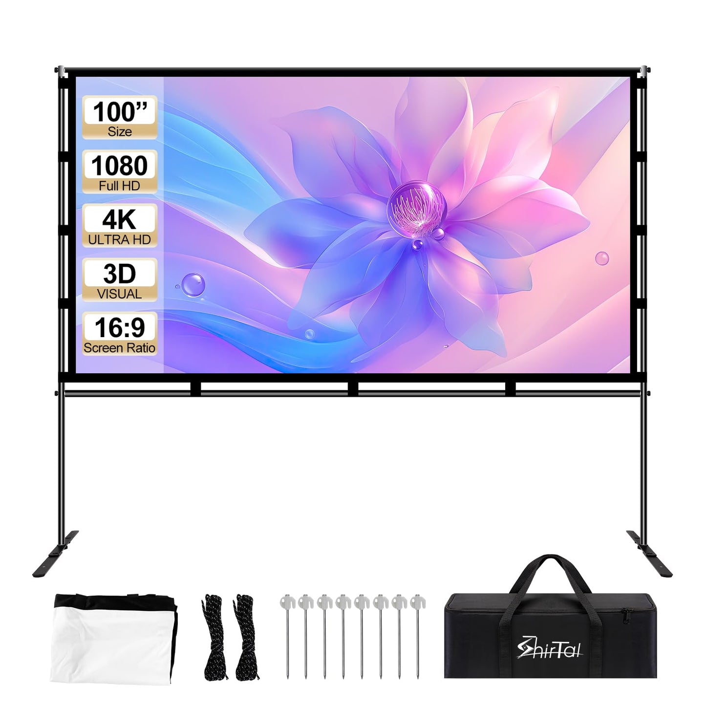 Shirtal visualización de proyector de 100 pulgadas, visualización de proyector portátil con soporte, visualización de película 4K HD 16:9 antiarrugas para interiores y exteriores con bolsa de