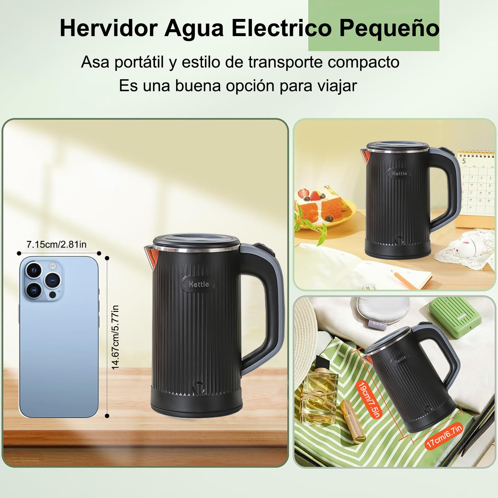 Tetera Electrica RYEWGRV Negro Acero Inoxidable Portátil 0.8 L 600 W