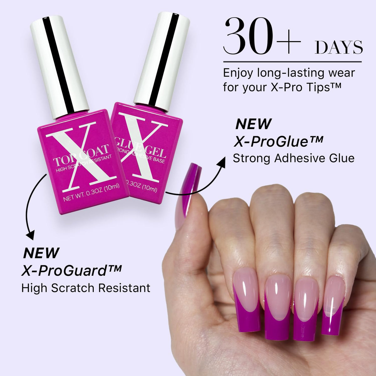 SXC Uñas Postizas con Punta Francesa Cosmetics – Serie Morada, Cuadrado Medio, Kit de Inicio X-Pro Tips | 150 Piezas, 15 Tamaños, 5 Estilos, Ideal para Principiantes