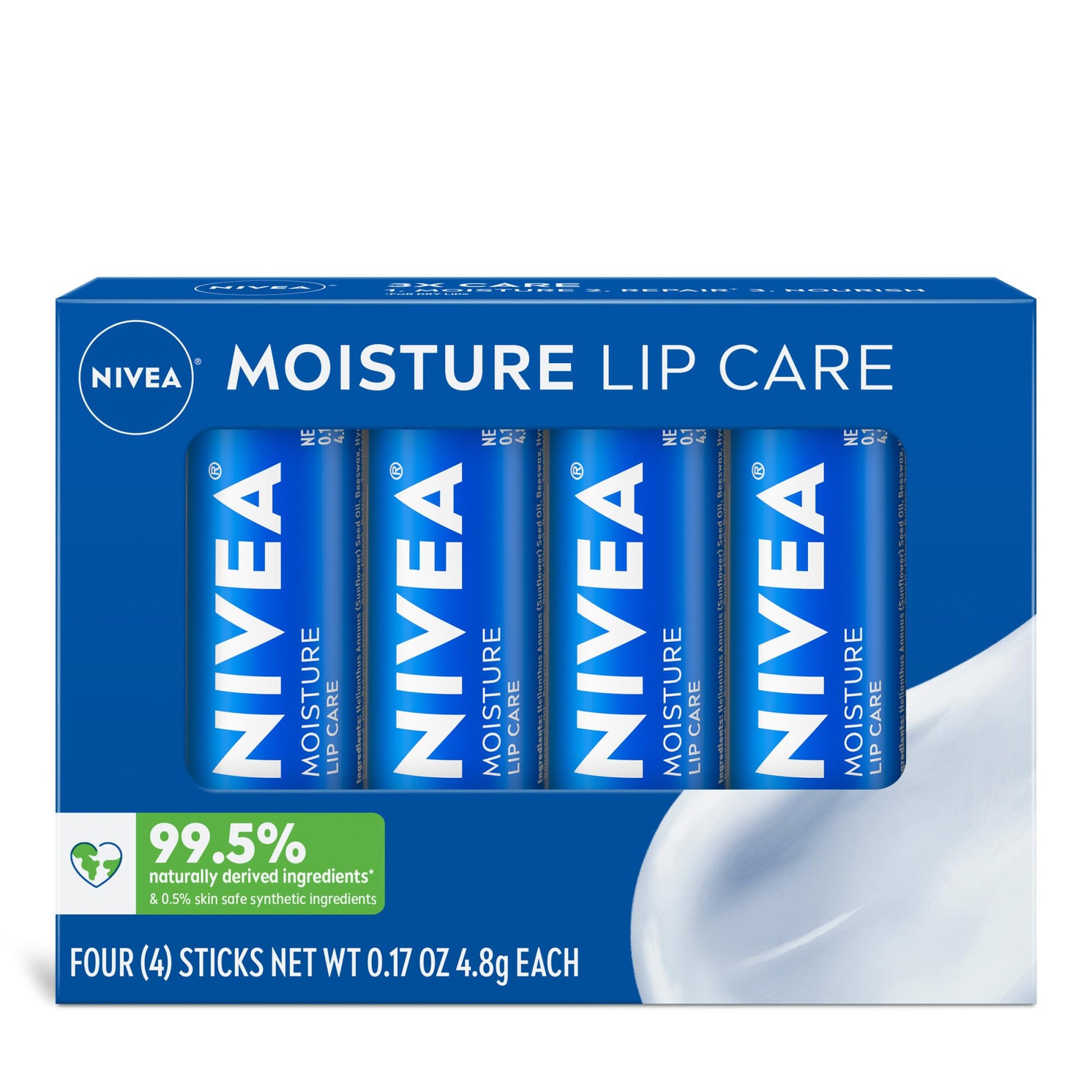NIVEA Moisture Lip Care - Unisex Intensively Moisturizing Balm - 0.17 oz, Pack Of 4