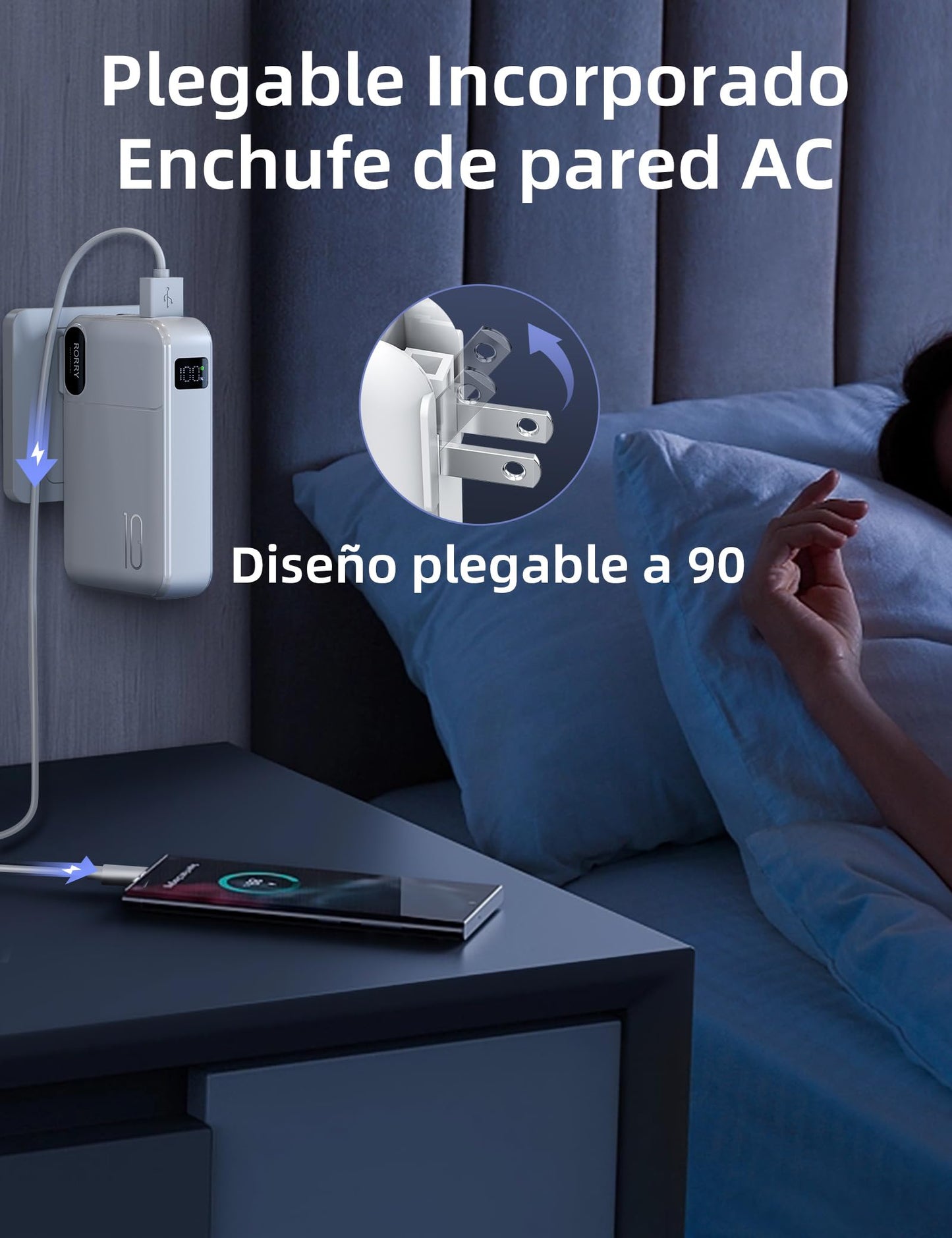 Power Bank RORRY Blanco Bateria Portatil 10000 mAh Pila con Enchufe AC Plegable y Cables Integrados