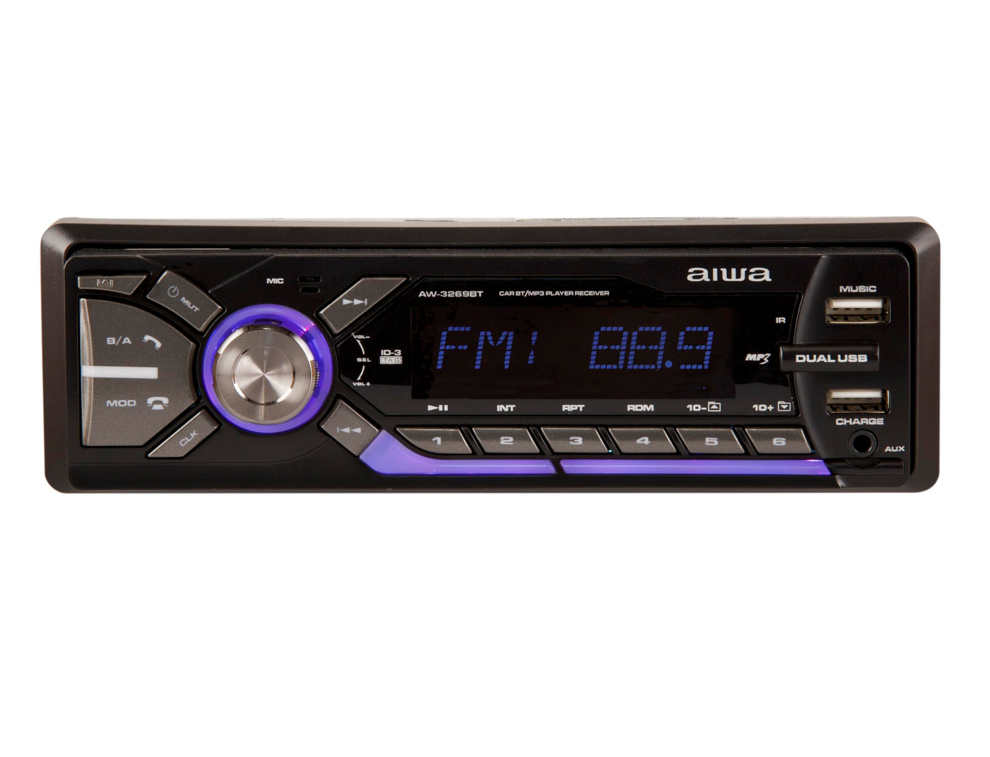 Aiwa Autoestéreo AW-3269BT Bluetooth USB SD AUX 4×50W Potencia 200W Iluminación 7 Colores Panel Desmontable Ecualizador MP3 Radio Am/FM Manos Libres Negro
