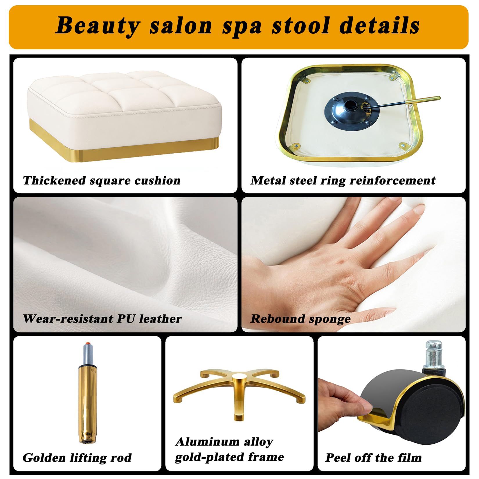 CQAEBK - Taburete giratorio cuadrado dorado ajustable con ruedas, con pestañas de cambiador, silla de rodillo de spa, masaje estético, taburete de pedicura, marco chapado en oro resistente (blanco)